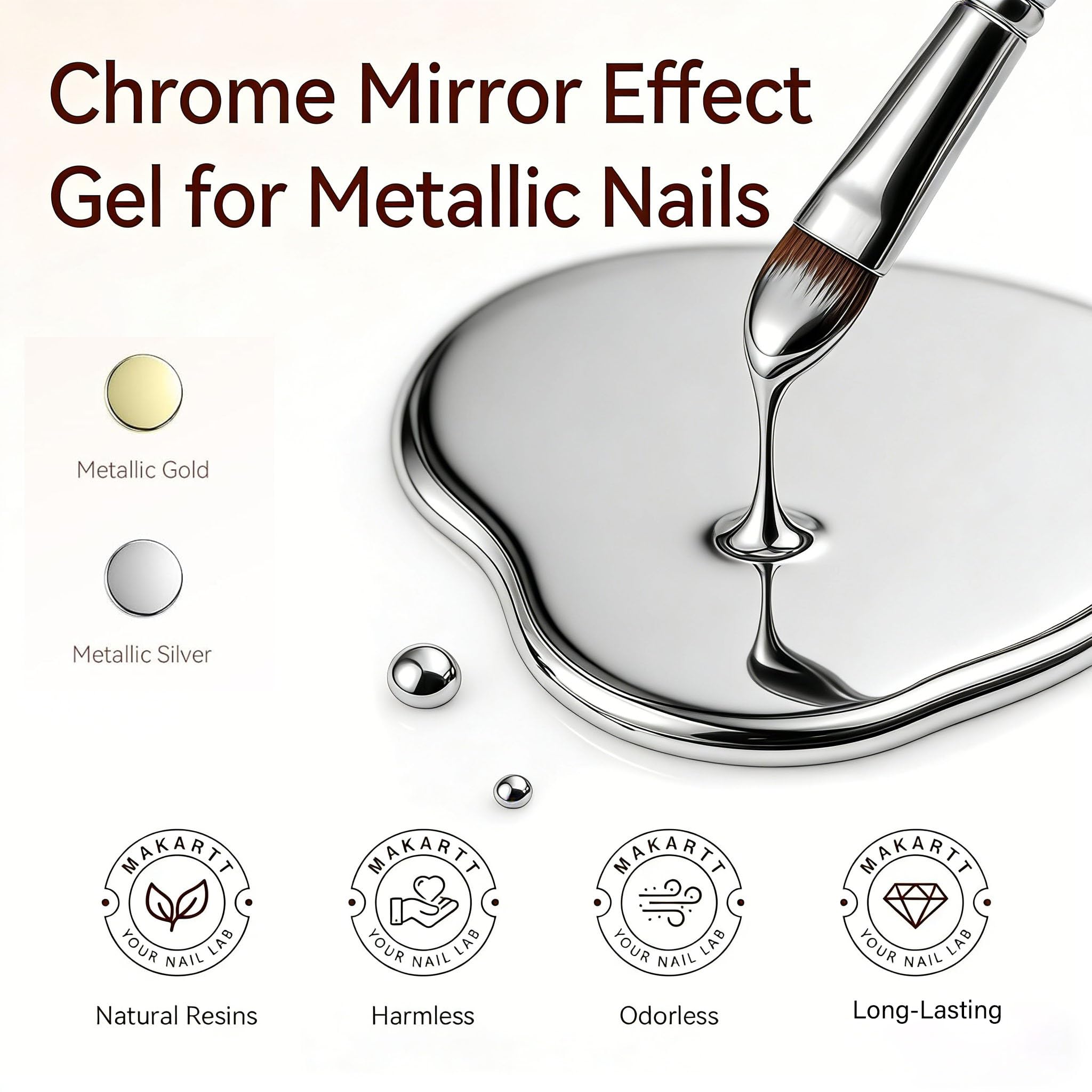 Makartt chrome silver art design on nails showing reflective detail and style.