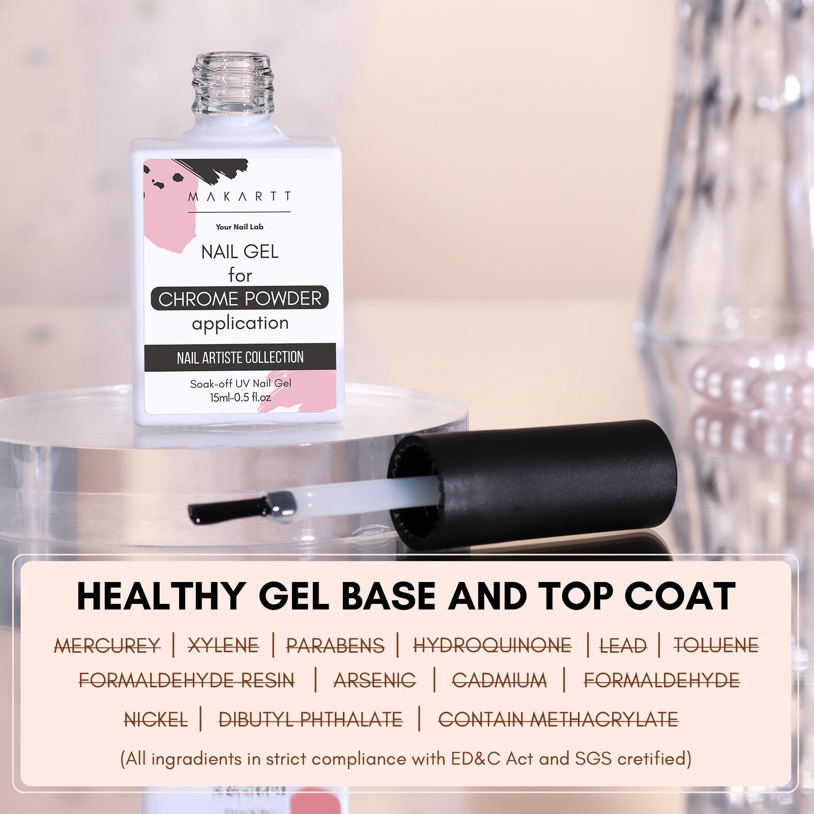 Makartt Long-lasting top coat protects chrome nail art.