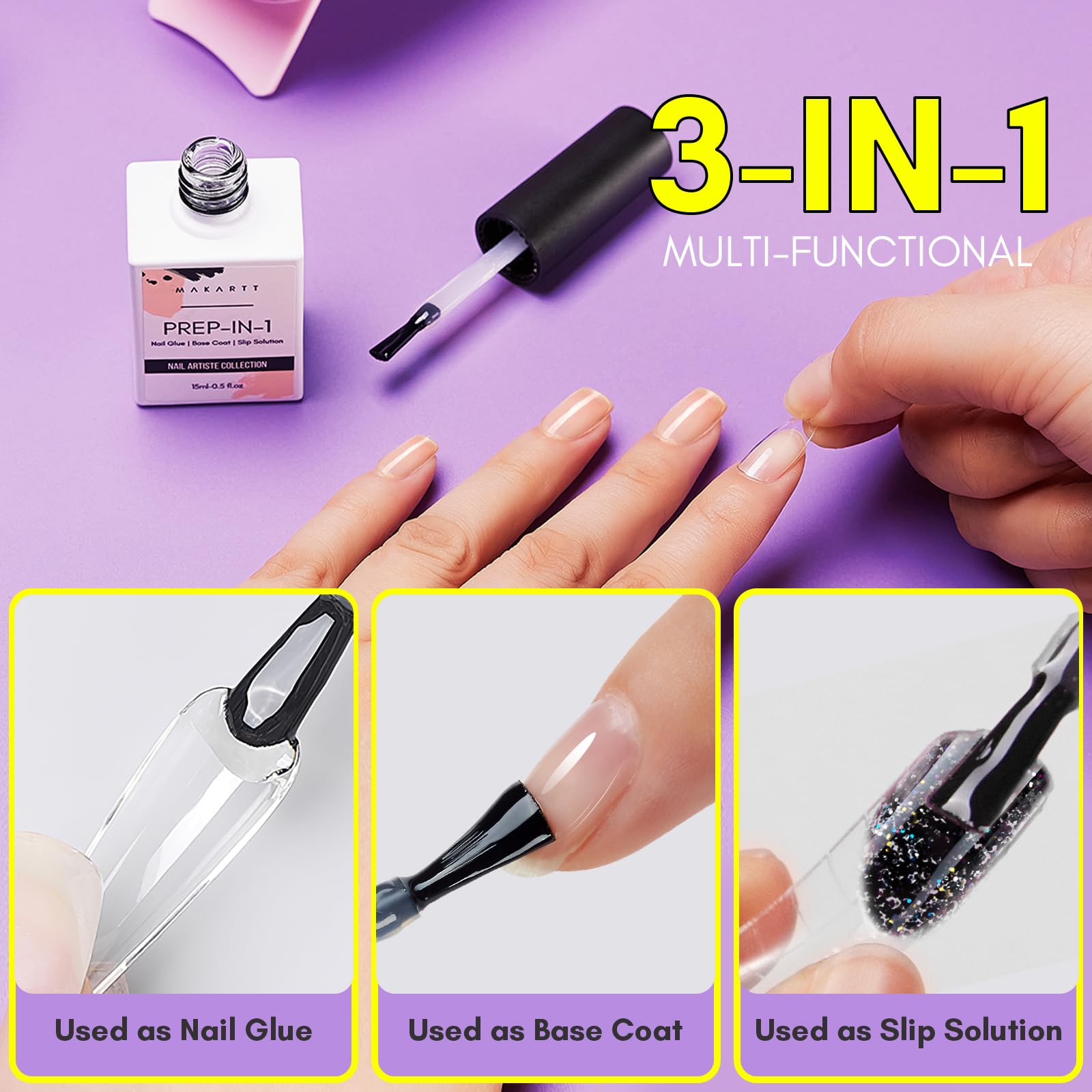 Applying Makartt gel nail glue on nails during setup for secure tips