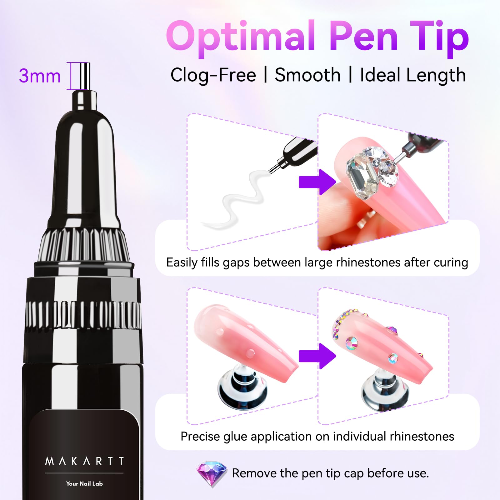 Makartt glue gel with a pen tip for precise stone placement.