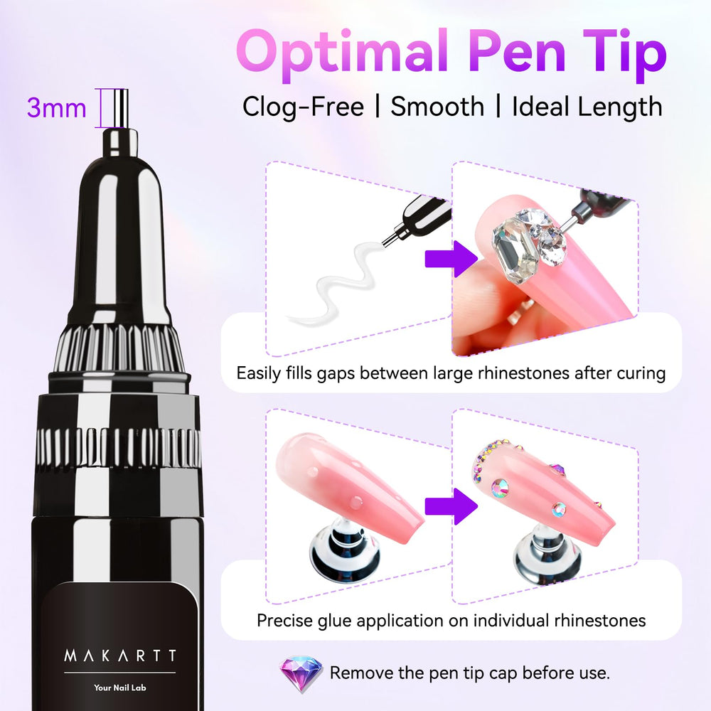 Makartt glue gel with a pen tip for precise stone placement.