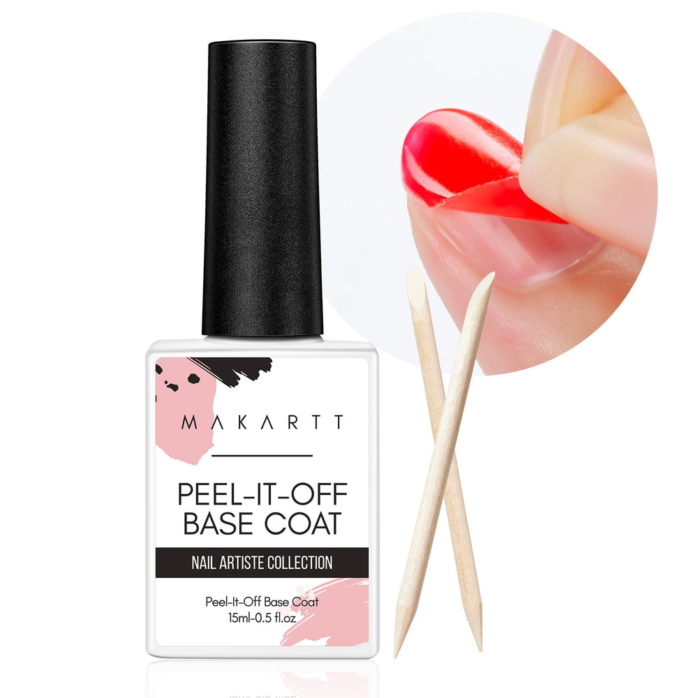 Makartt Peel Off Base Coat image emphasizes easy removal for color swatches.