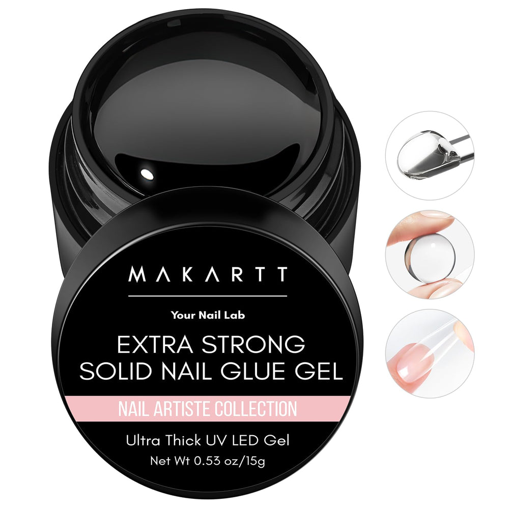 Makartt Solid Nail Glue Gel bottle close-up showing clear formula for long-lasting adhesion.