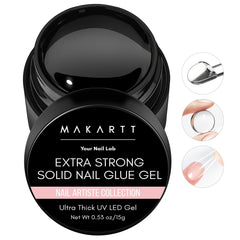 Makartt Solid Nail Glue Gel bottle close-up showing clear formula for long-lasting adhesion.
