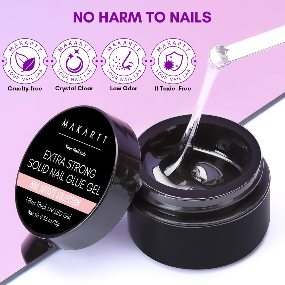 Makartt Solid Nail Glue Gel UV-light cured demo image shows quick setting.