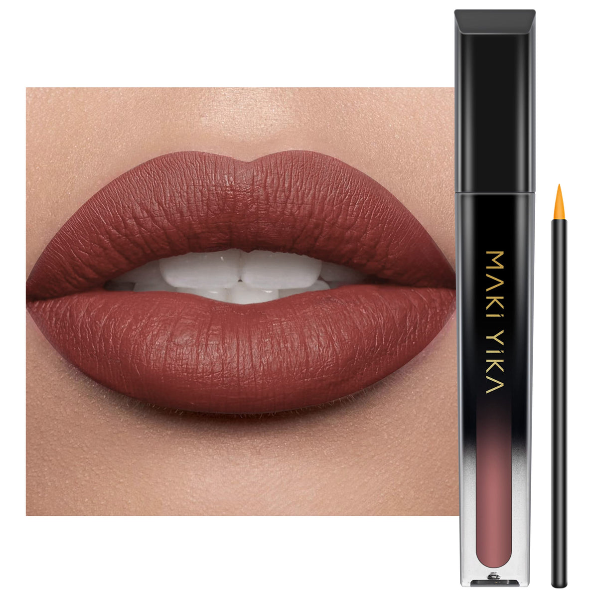 MAKI YIKA brown nude lipstick packaging highlights premium shade