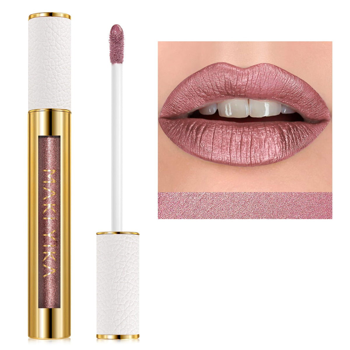MAKI YIKA metallic pink lipstick bottle with pearlescent shine for long-lasting color.
