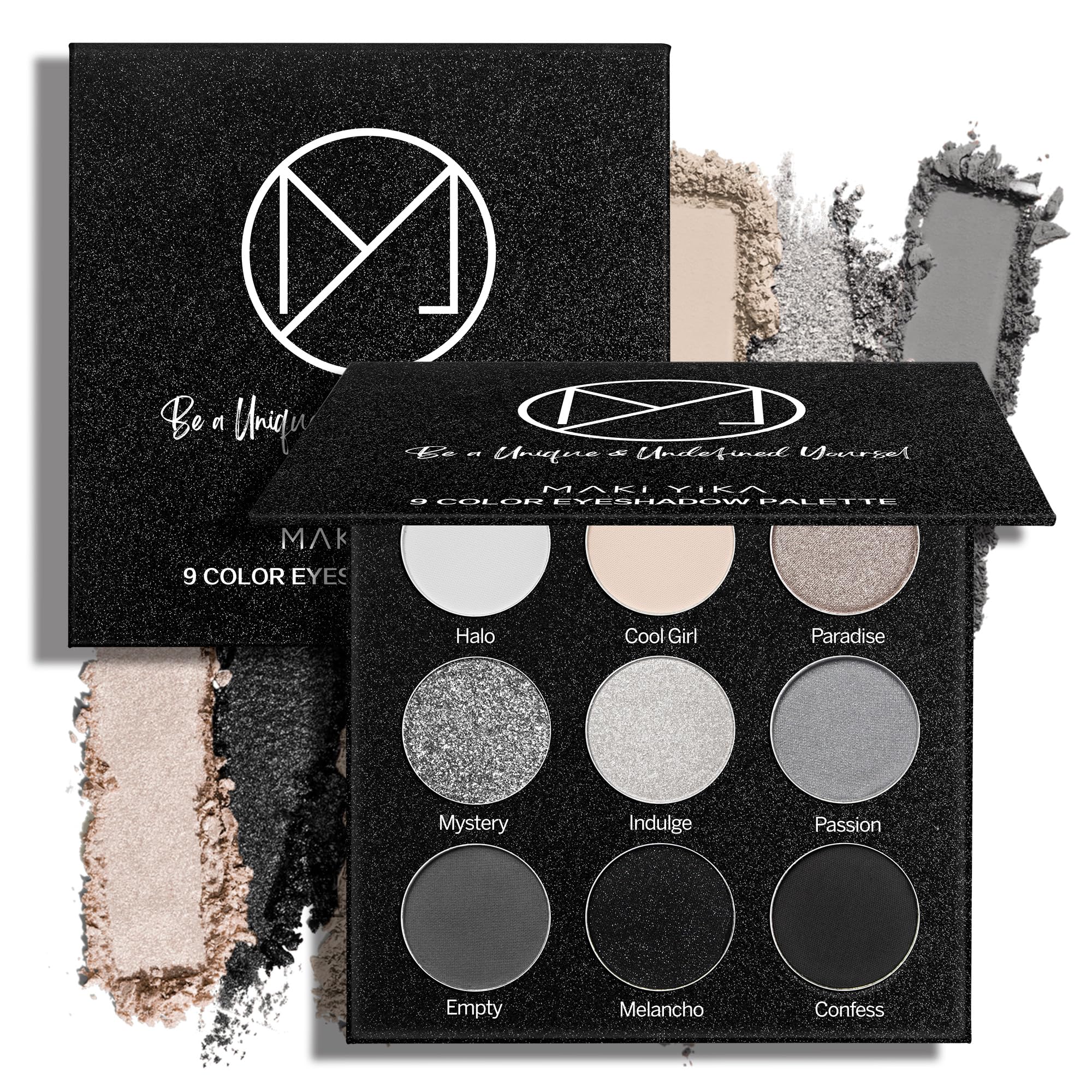 Maki Yika smoky eyeshadow palette compact with nine neutrals for versatile looks.