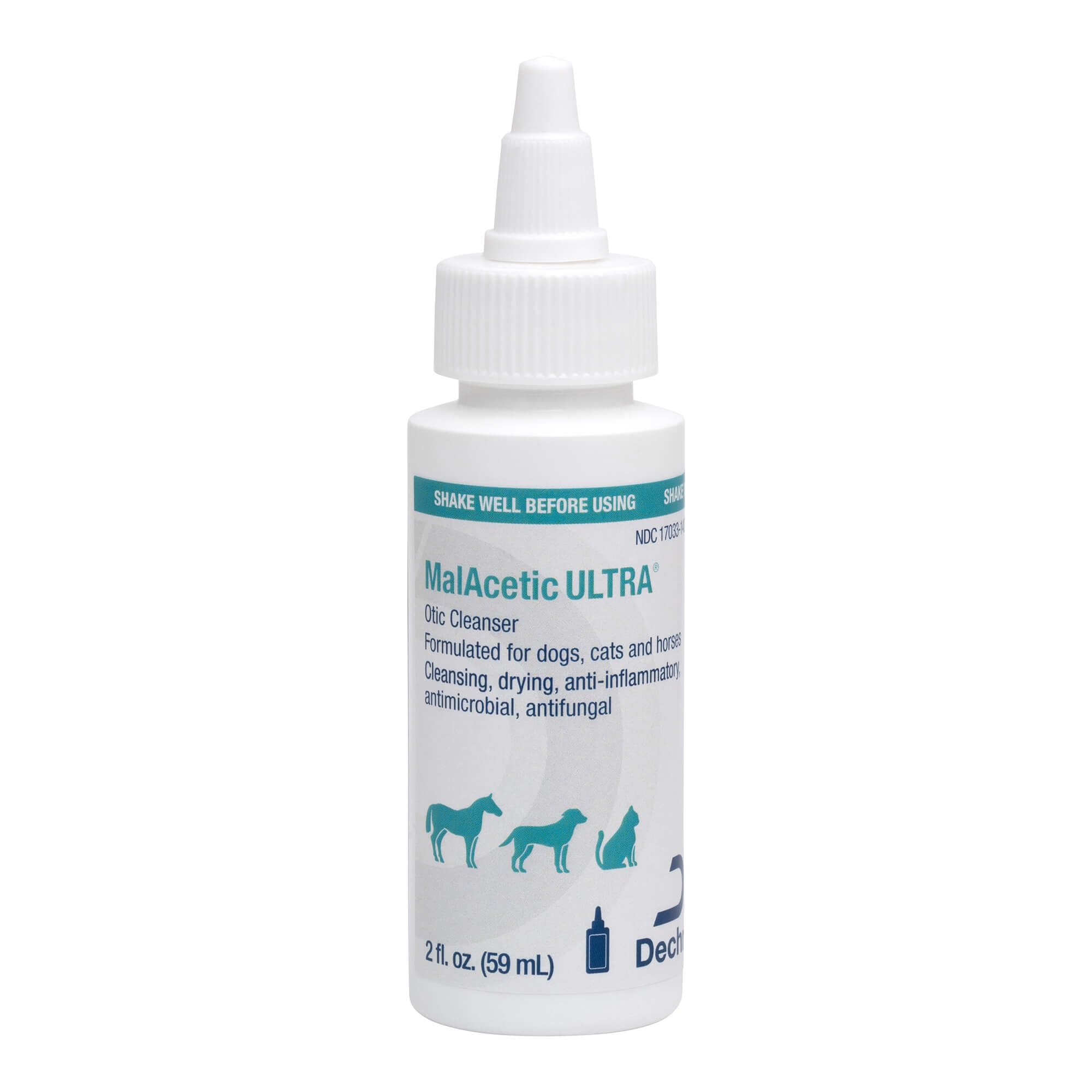 MalAcetic Ultra otic cleanser bottle pour for gentle ear cleansing and deodorizing.