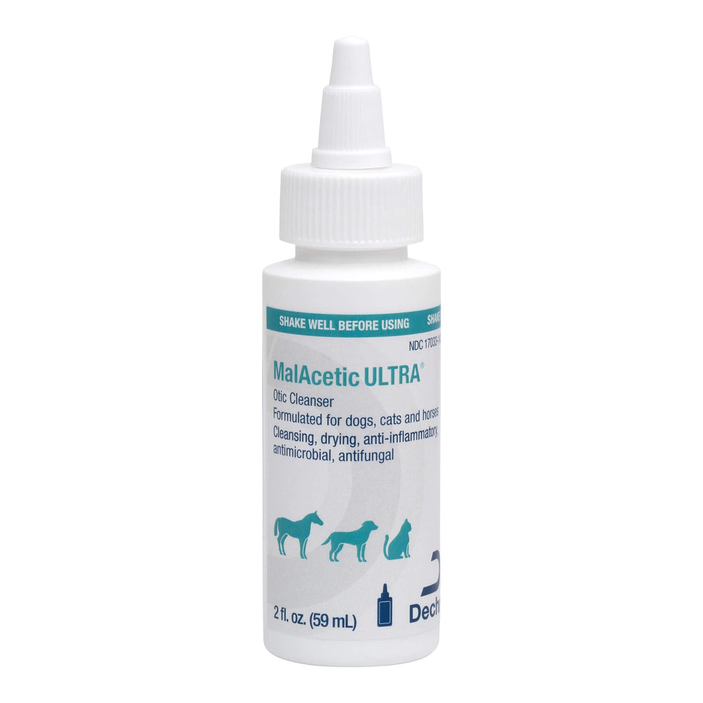 MalAcetic Ultra otic cleanser bottle pour for gentle ear cleansing and deodorizing.