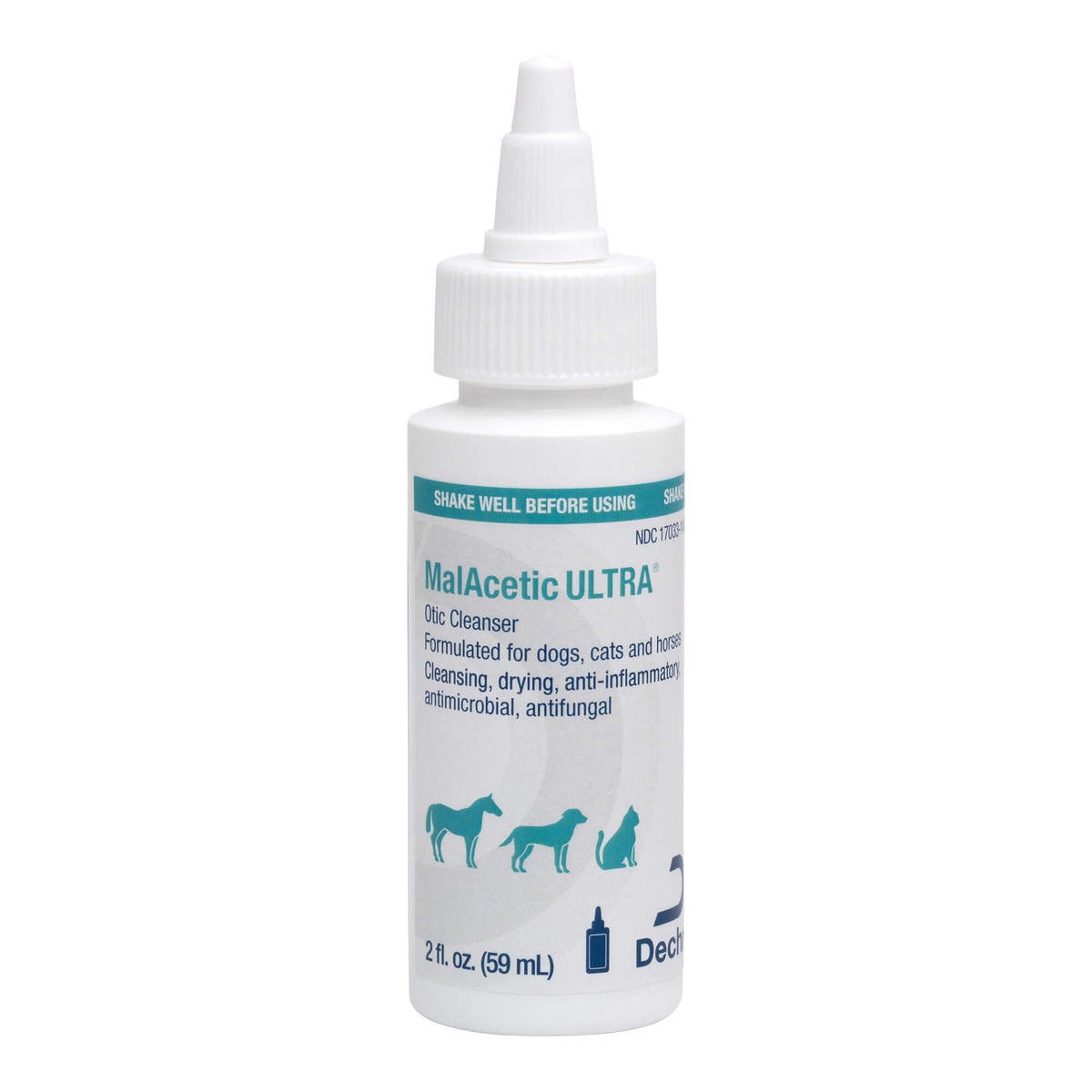 MalAcetic Ultra otic cleanser bottle pour for gentle ear cleansing and deodorizing.