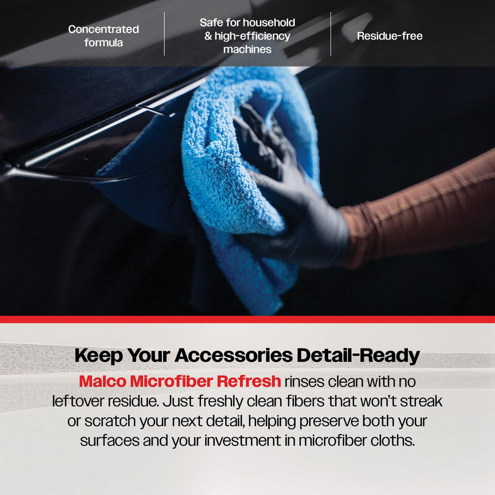 Malco detergent’s residue-free formula helps prevent streaks during detailing work.
