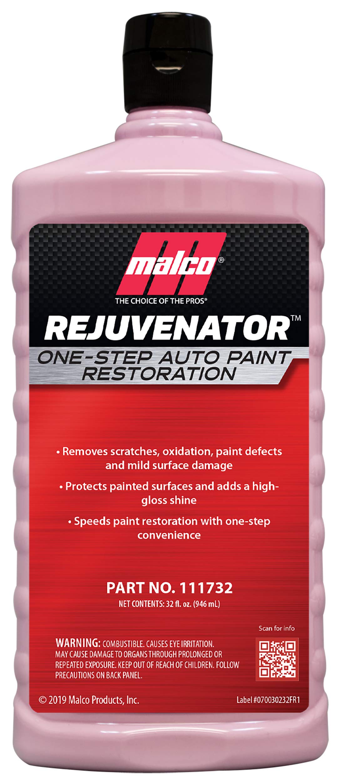Malco Paint Rejuvenator bottle demonstrates easy gloss restoration for aged finishes