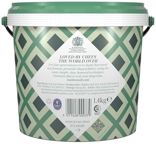 Maldon sea salt flakes tub angled view highlights premium crystals for finishing touches.