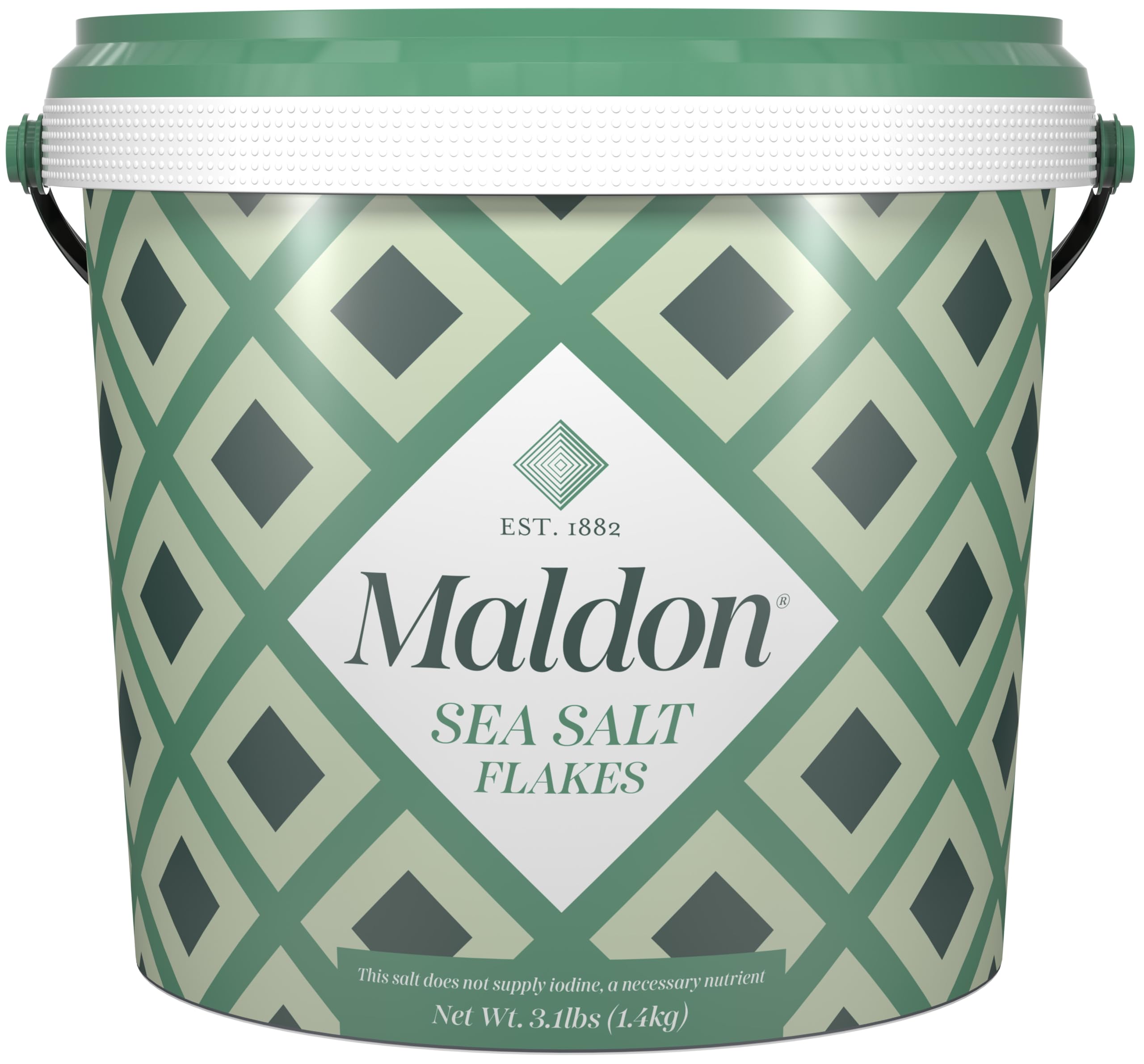 Maldon sea salt flakes tub close-up for gourmet seasoning and crisp texture.