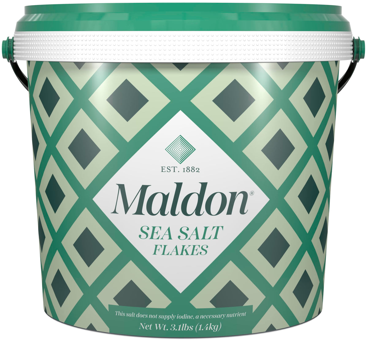 Maldon sea salt flakes tub close-up for gourmet seasoning and crisp texture.