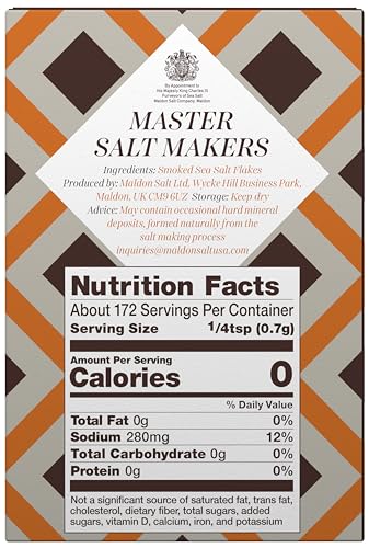 Maldon smoked salt flakes pouring jar showcases versatile seasoning for soups and fish.