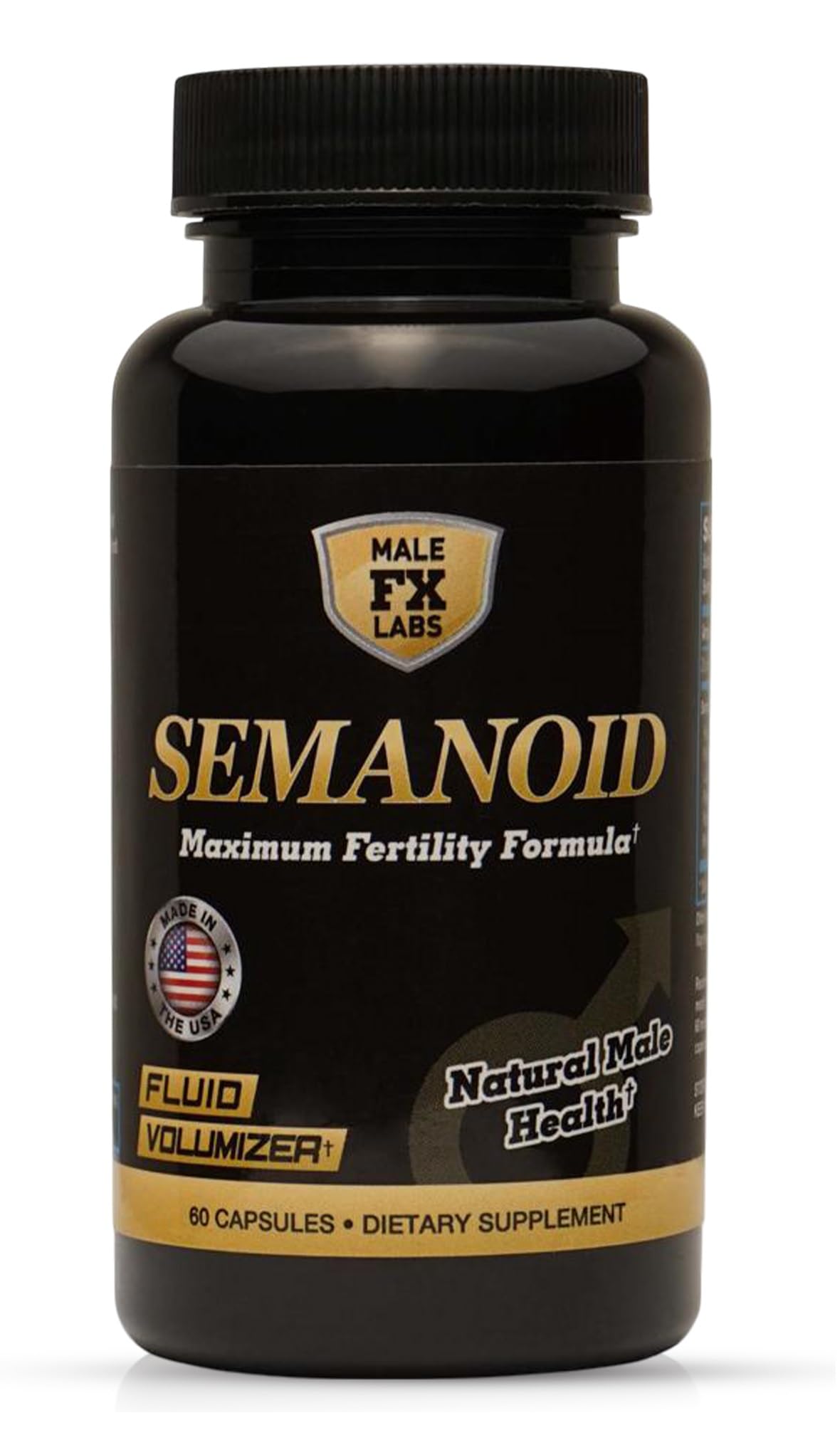 Male FX Labs SEMANOID bottle front showing comprehensive fertility formula for men