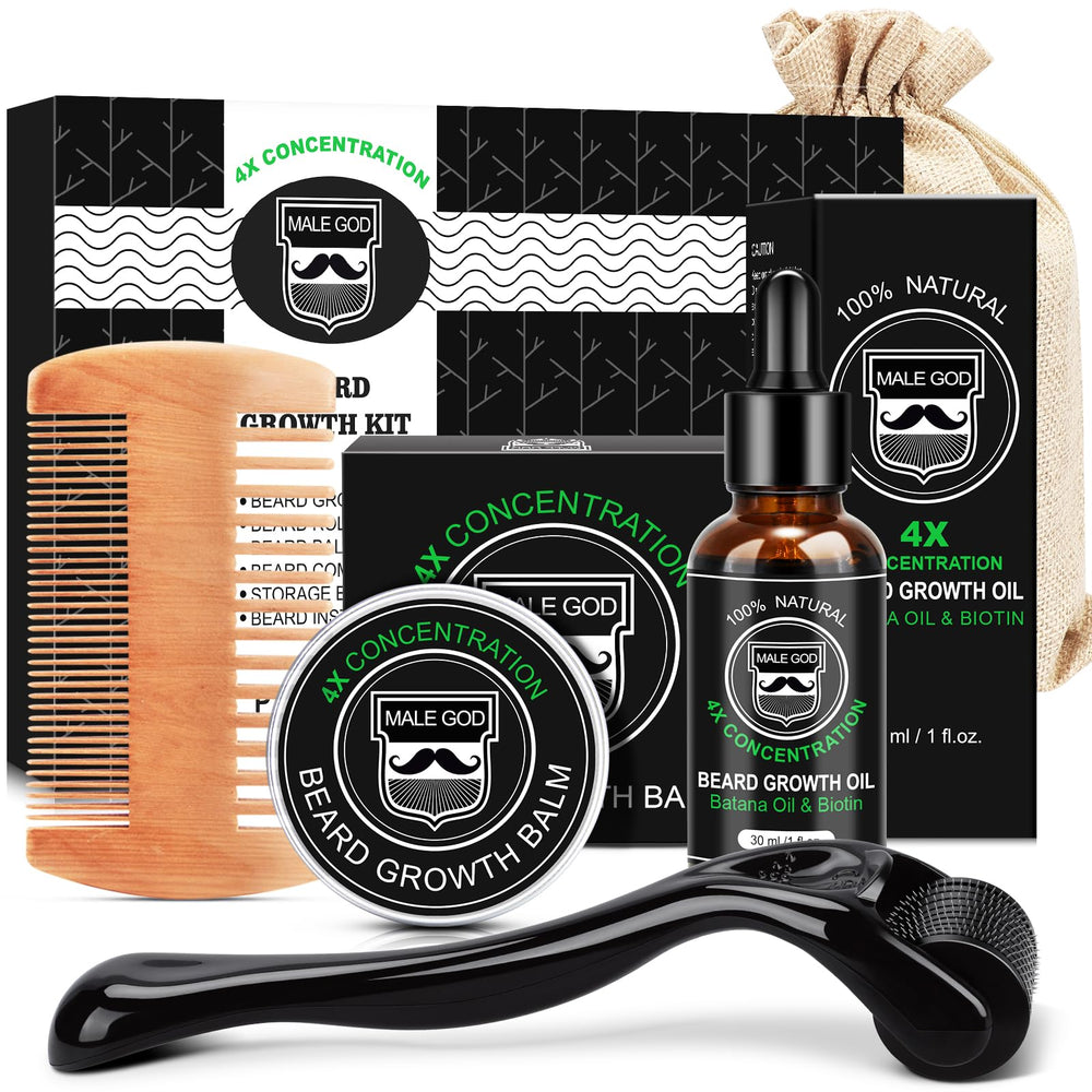 MALE GOD beard growth kit packaging showing premium grooming set