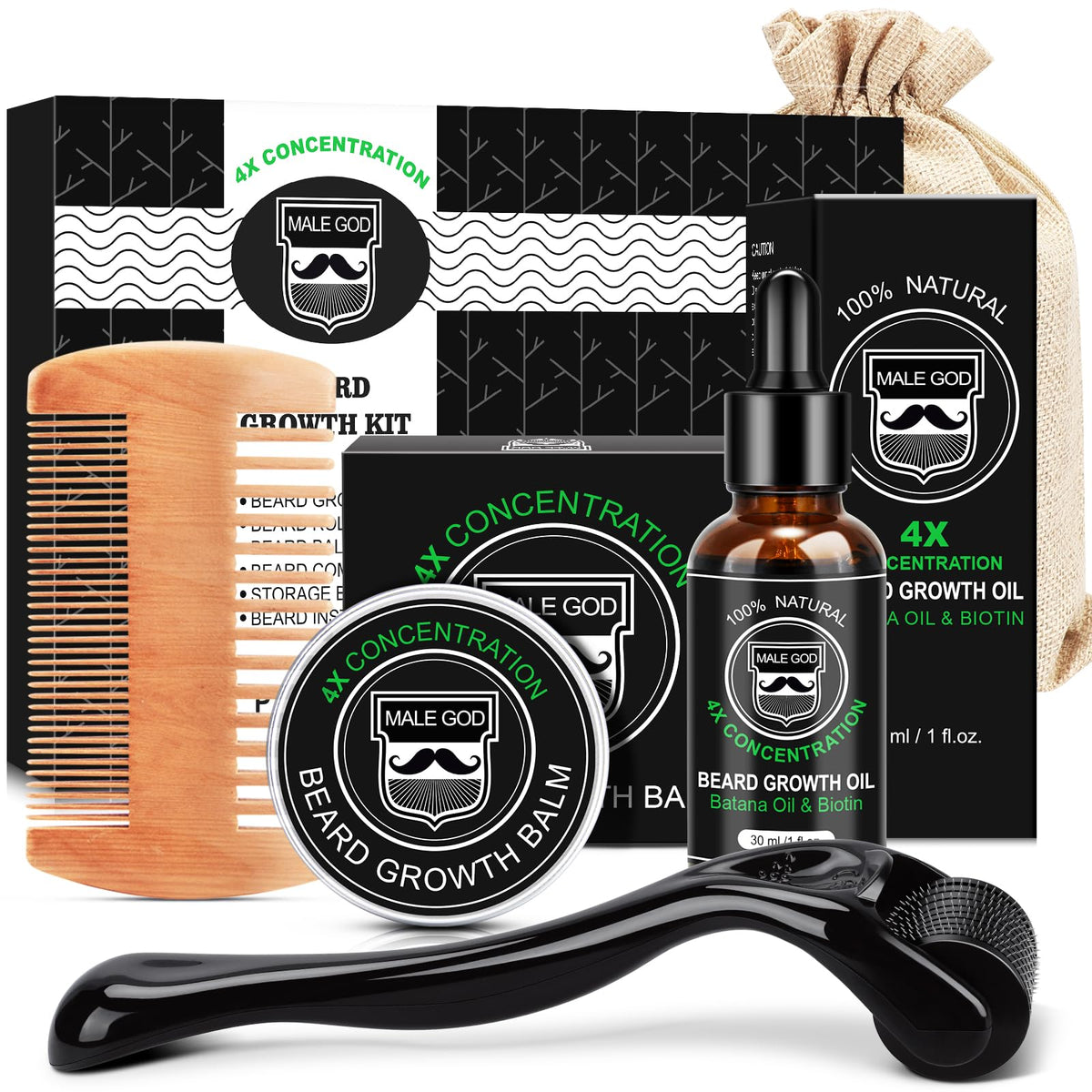 MALE GOD beard growth kit packaging showing premium grooming set