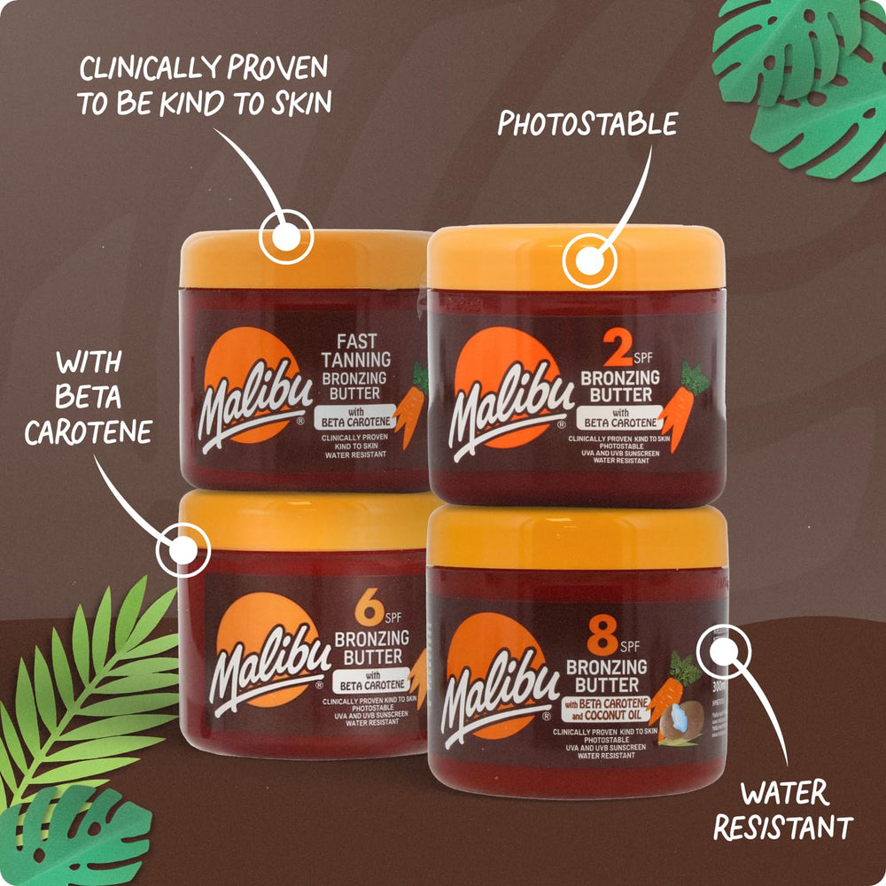Malibu Sun Fast Tanning Gel outdoor-use context with sunlit beach backdrop.