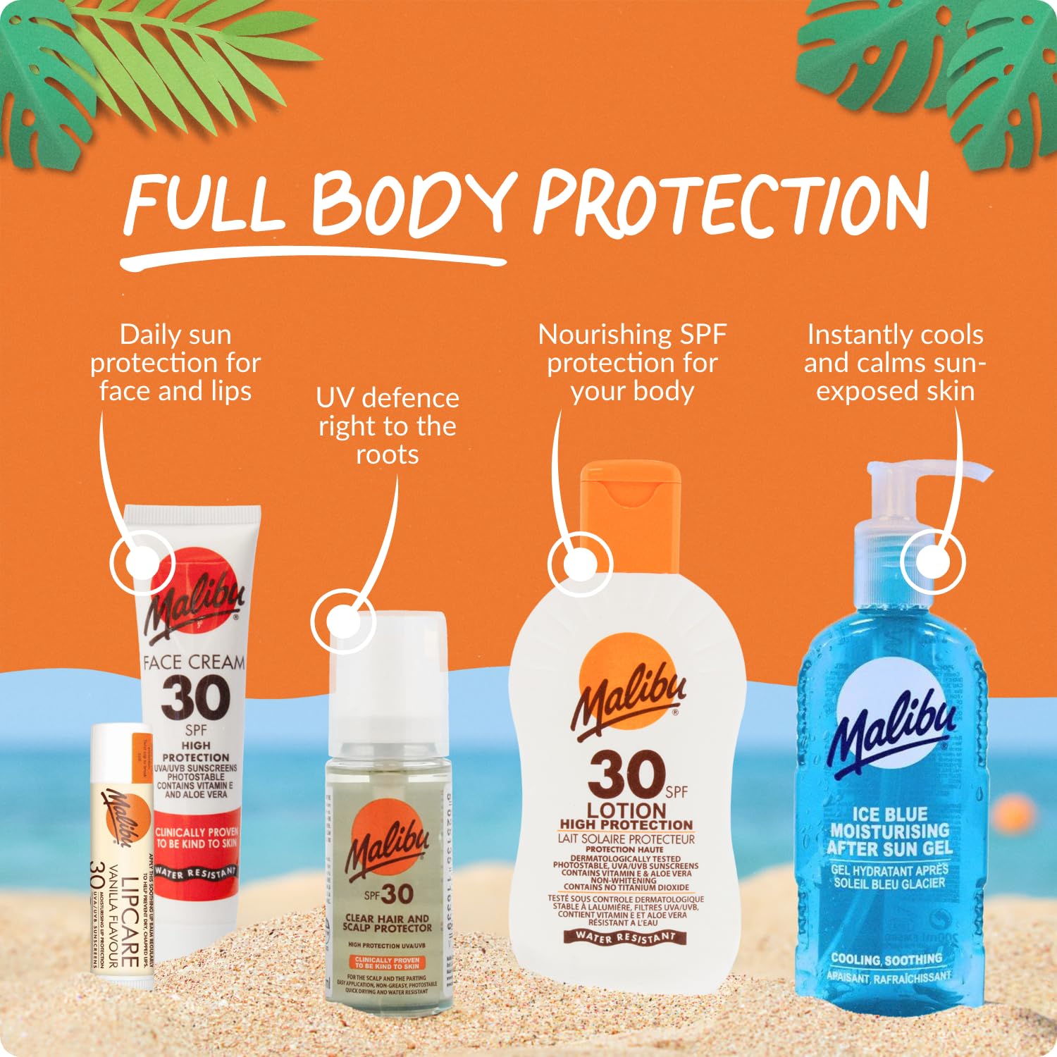 Malibu Sun Fast Tanning Gel water-resistant formula close-up on label.