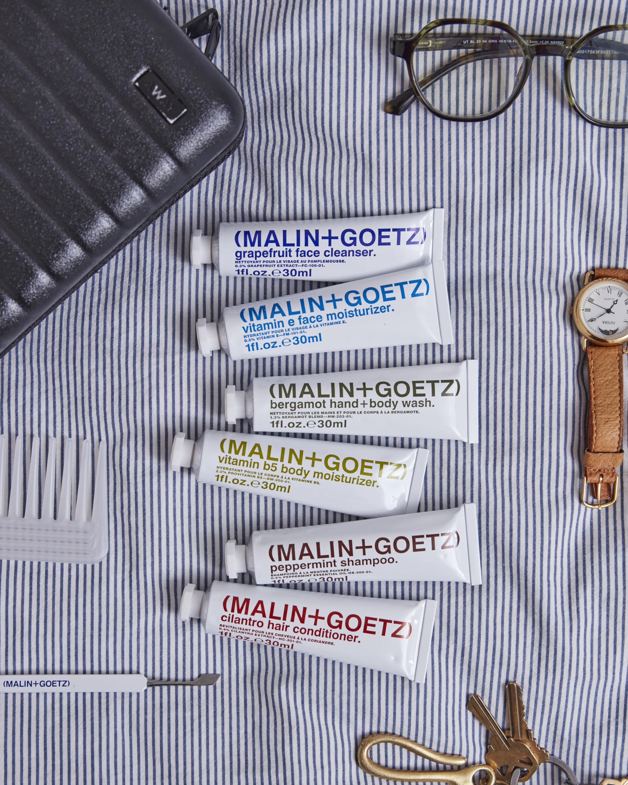 Recyclable aluminum tubes from MALIN+GOETZ travel kit.
