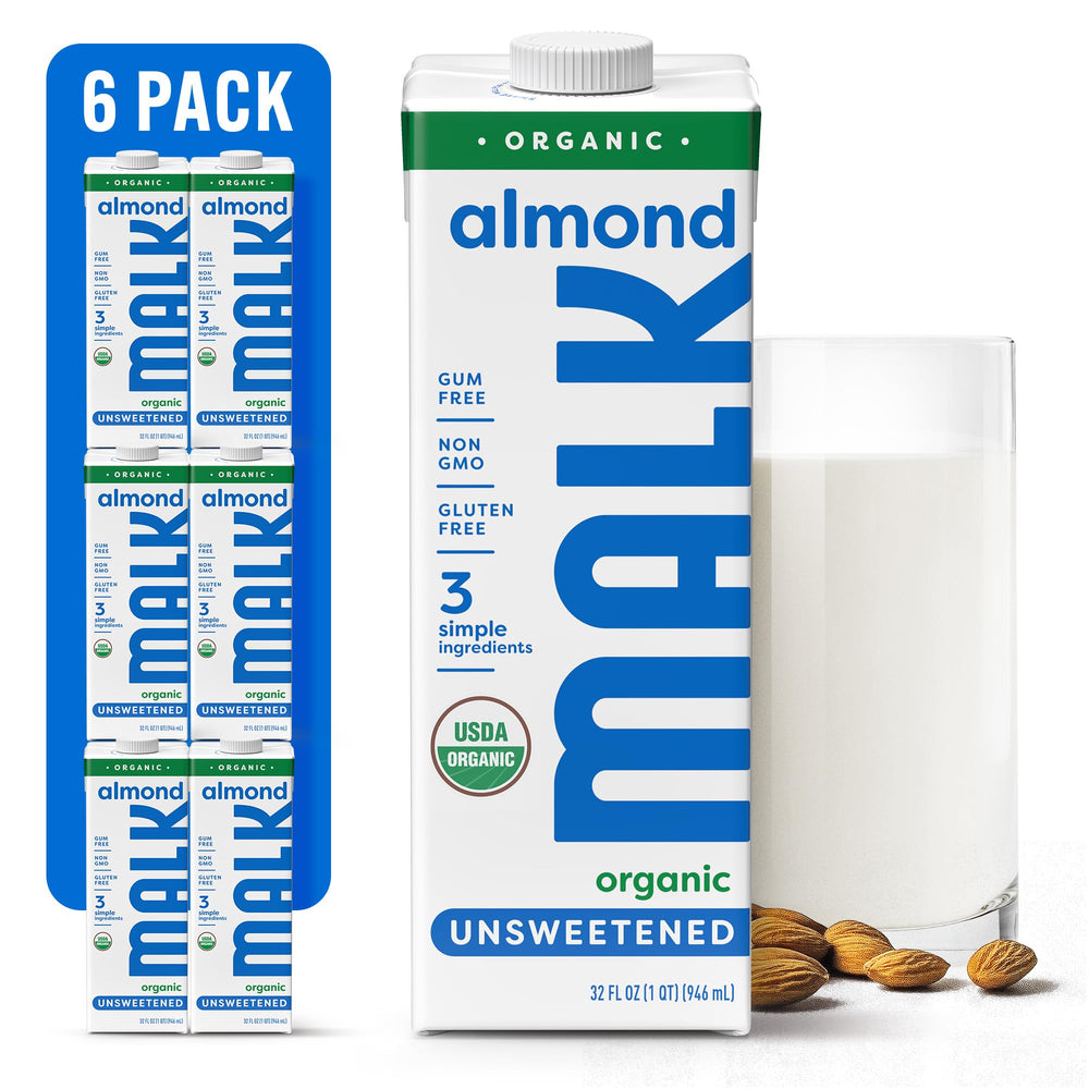 MALK unsweetened almond milk bottle on pantry shelf, shelf-stable and ready for everyday use.