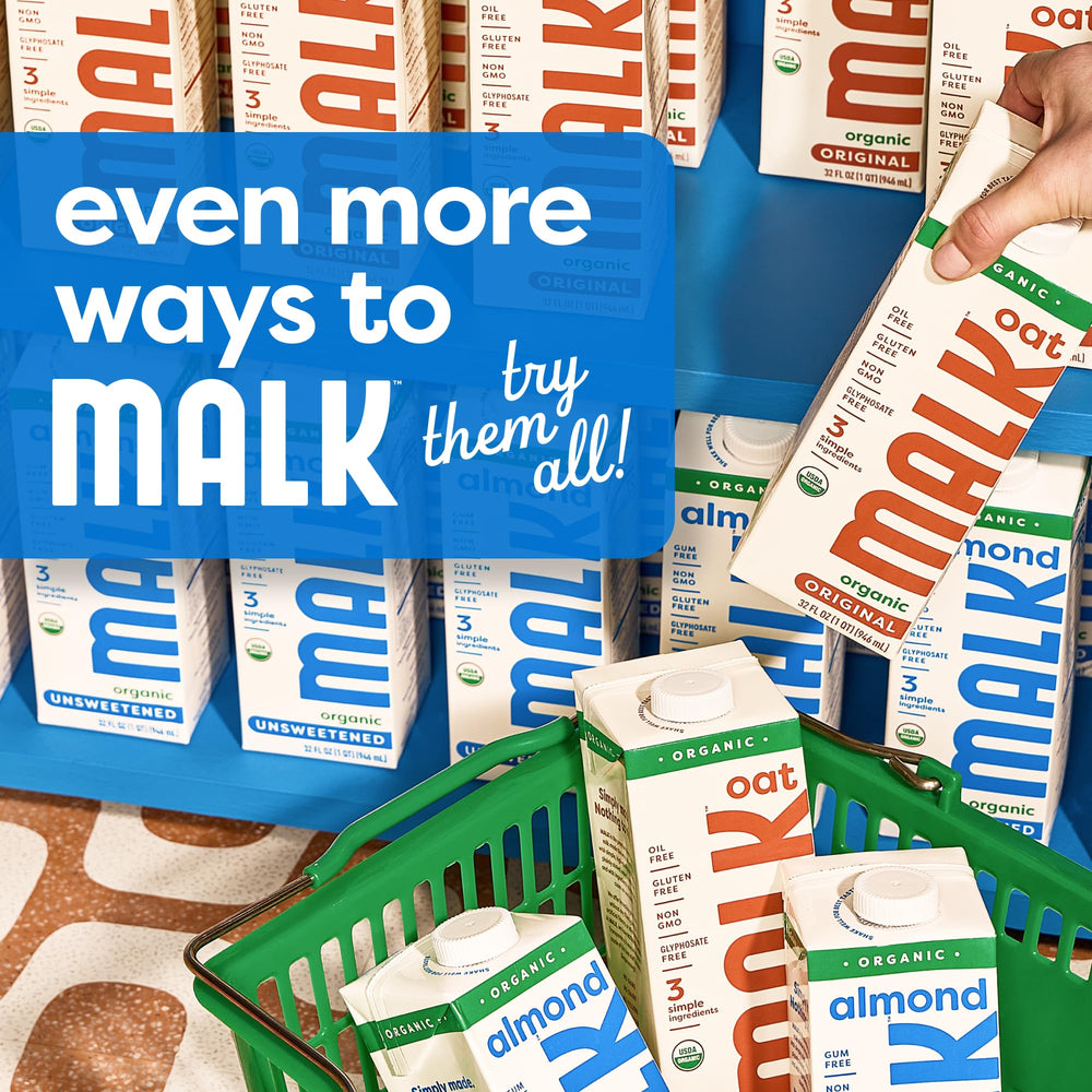 MALK unsweetened almond milk bottle showing separation; shake well before use.