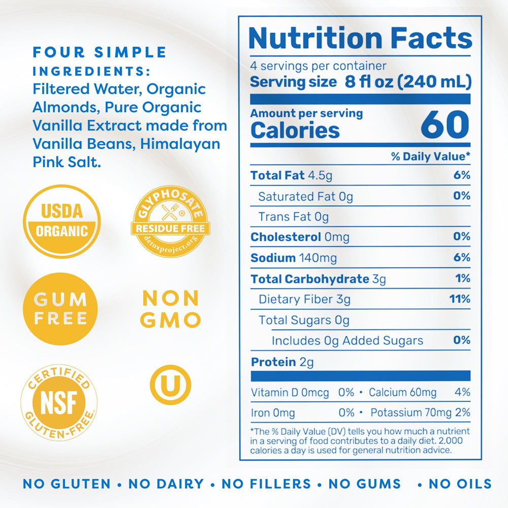 Close-up of MALK Vanilla Almond Milk ingredients showing four simple components