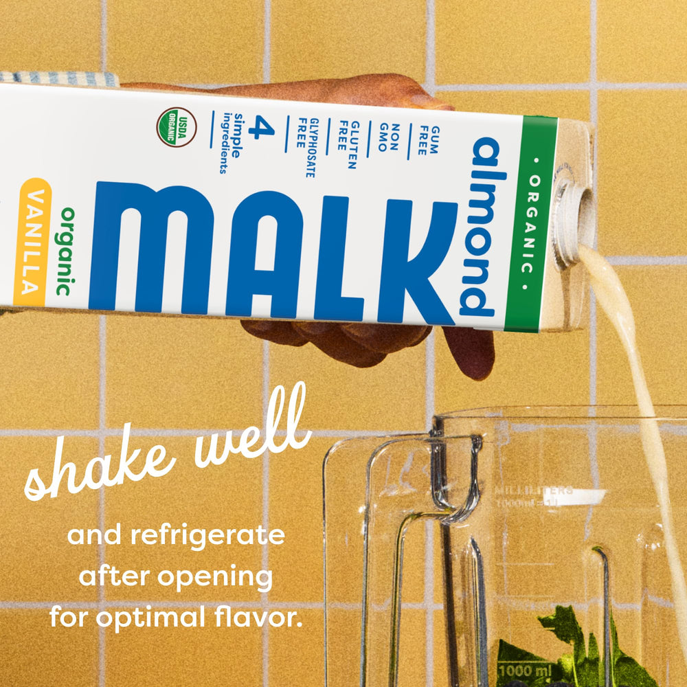 MALK Vanilla Almond Milk on pantry shelf for easy shelf-stable use