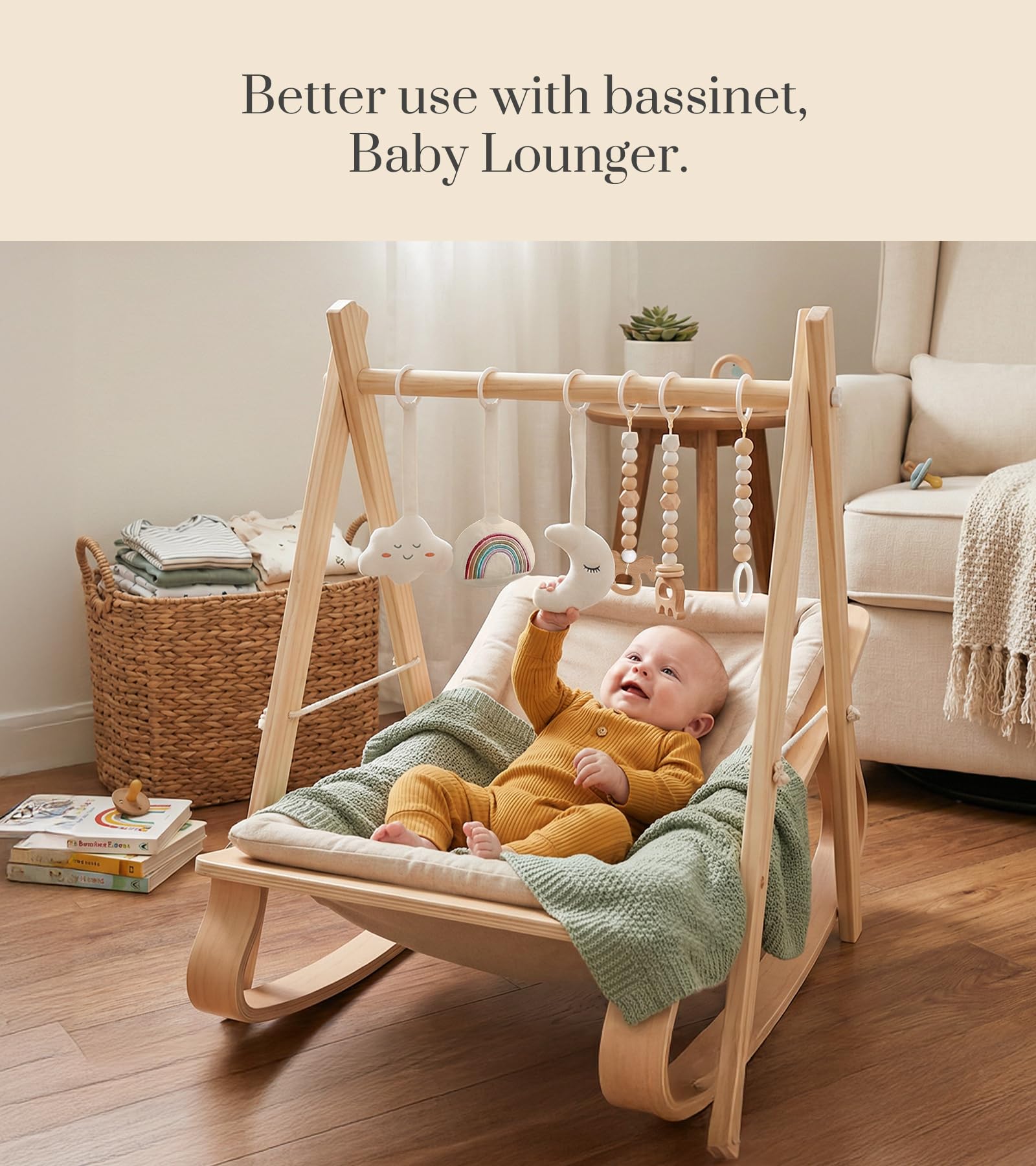 Mallify wooden gym measures 50 cm square for cozy indoor play.