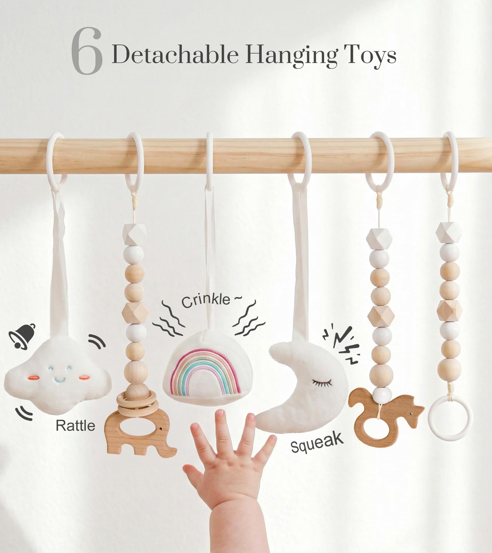 Close-up of Mallify six removable sensory toys for grasping practice.