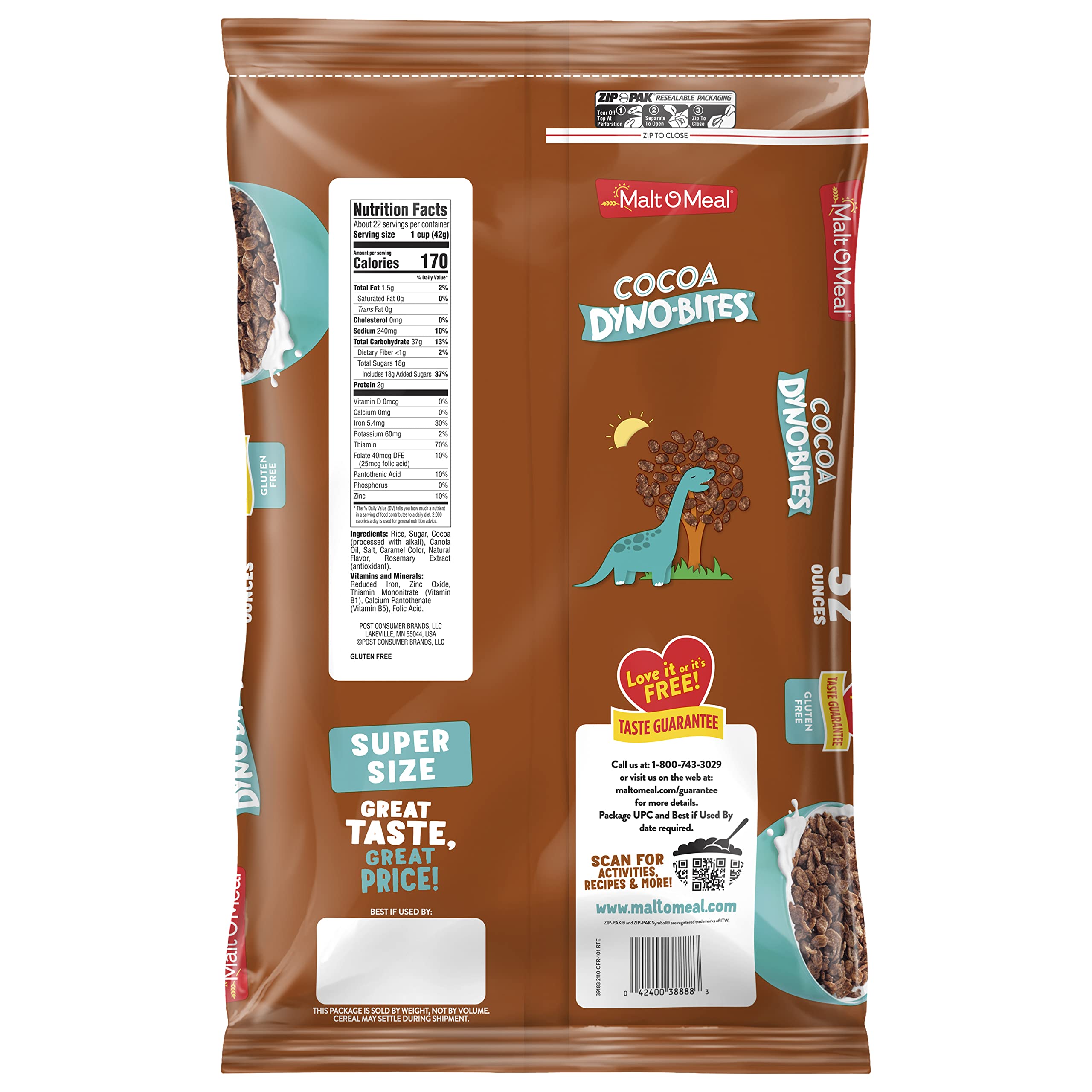 Malt-O-Meal Cocoa Dyno Bites bag on kitchen counter showing resealable closure