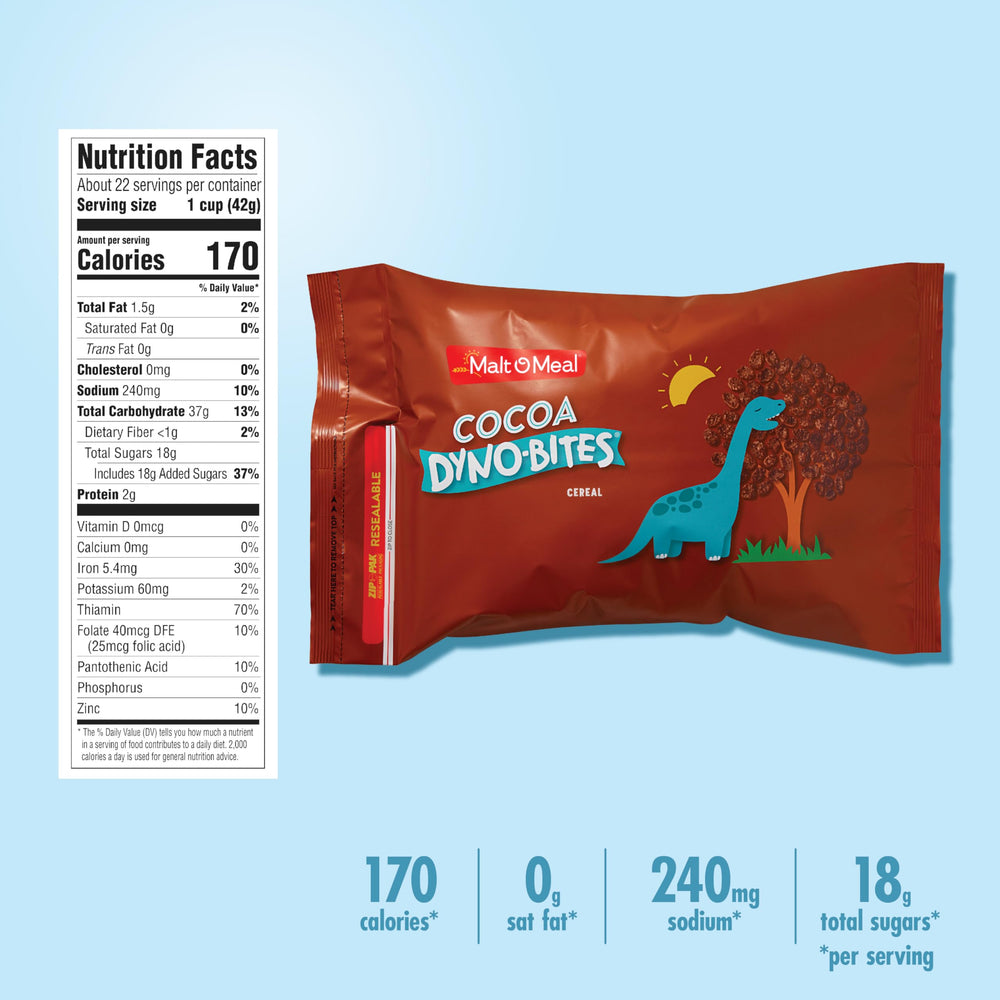 Malt-O-Meal Cocoa Dyno Bites spoonful highlighting crispy texture and cocoa flavor