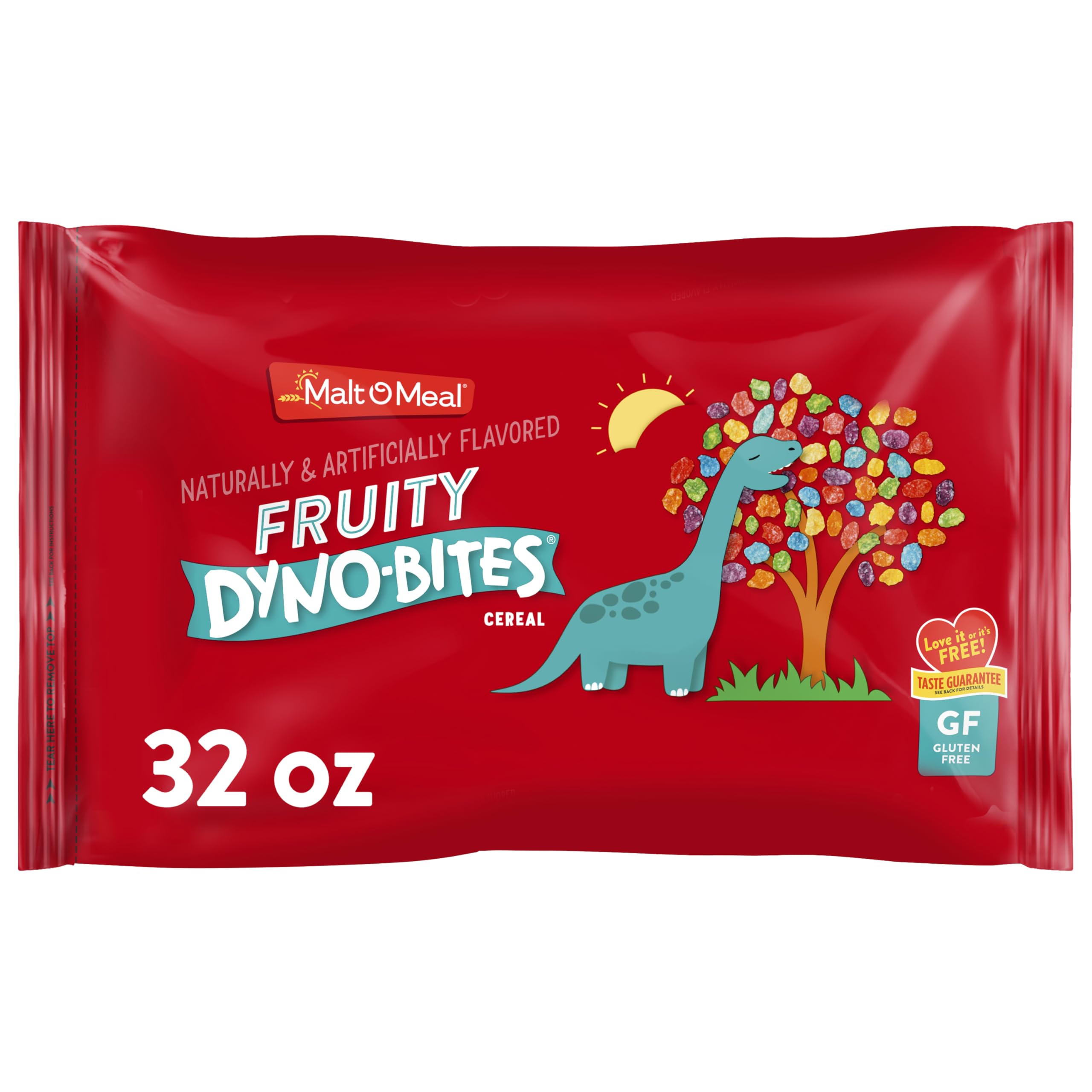 Malt-O-Meal Fruity Dyno Bites cereal bag front with colorful crunch for breakfast.