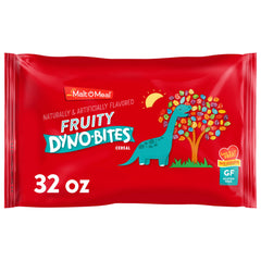 Malt-O-Meal Fruity Dyno Bites cereal bag front with colorful crunch for breakfast.