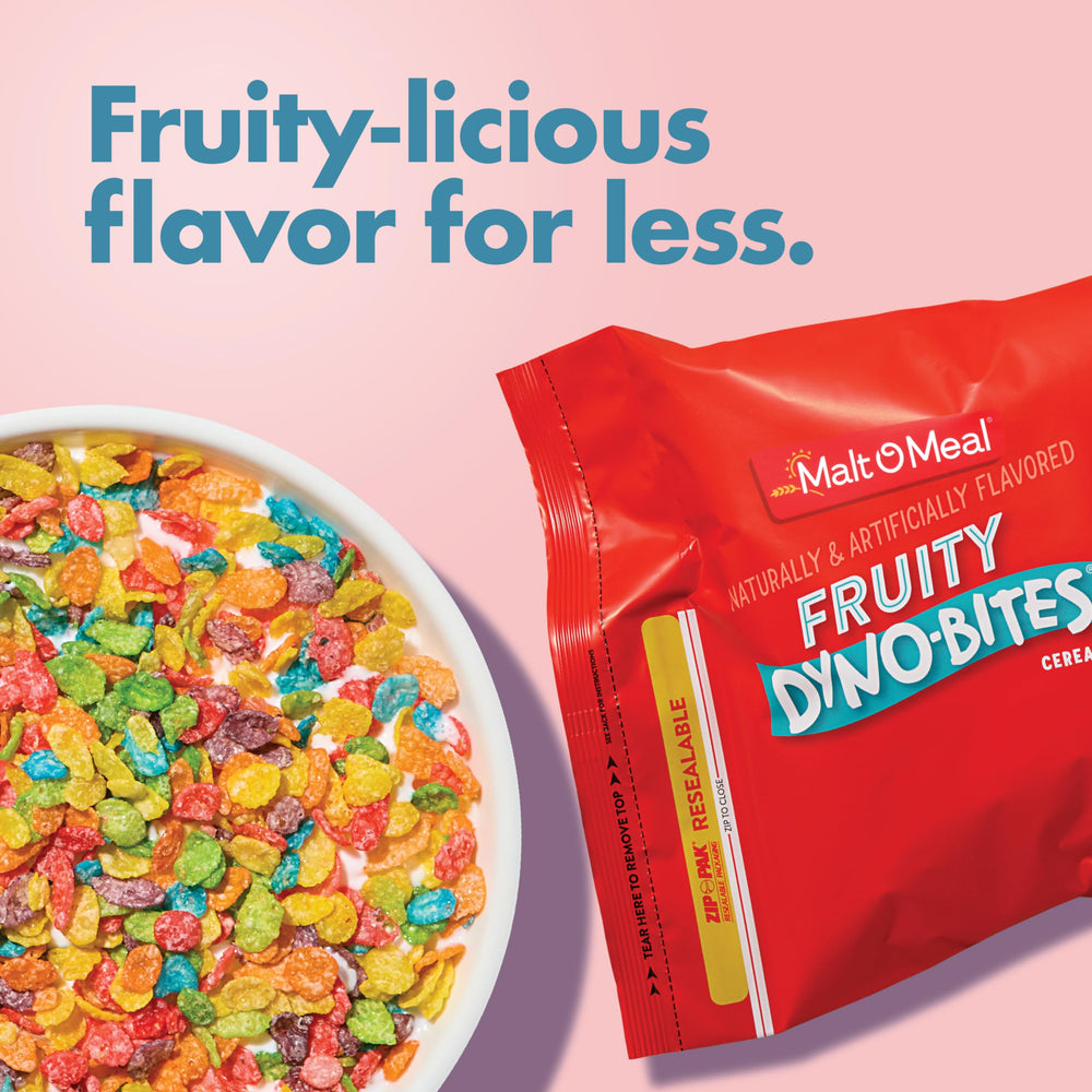 Malt-O-Meal Fruity Dyno Bites spoonful of crunchy puffs.