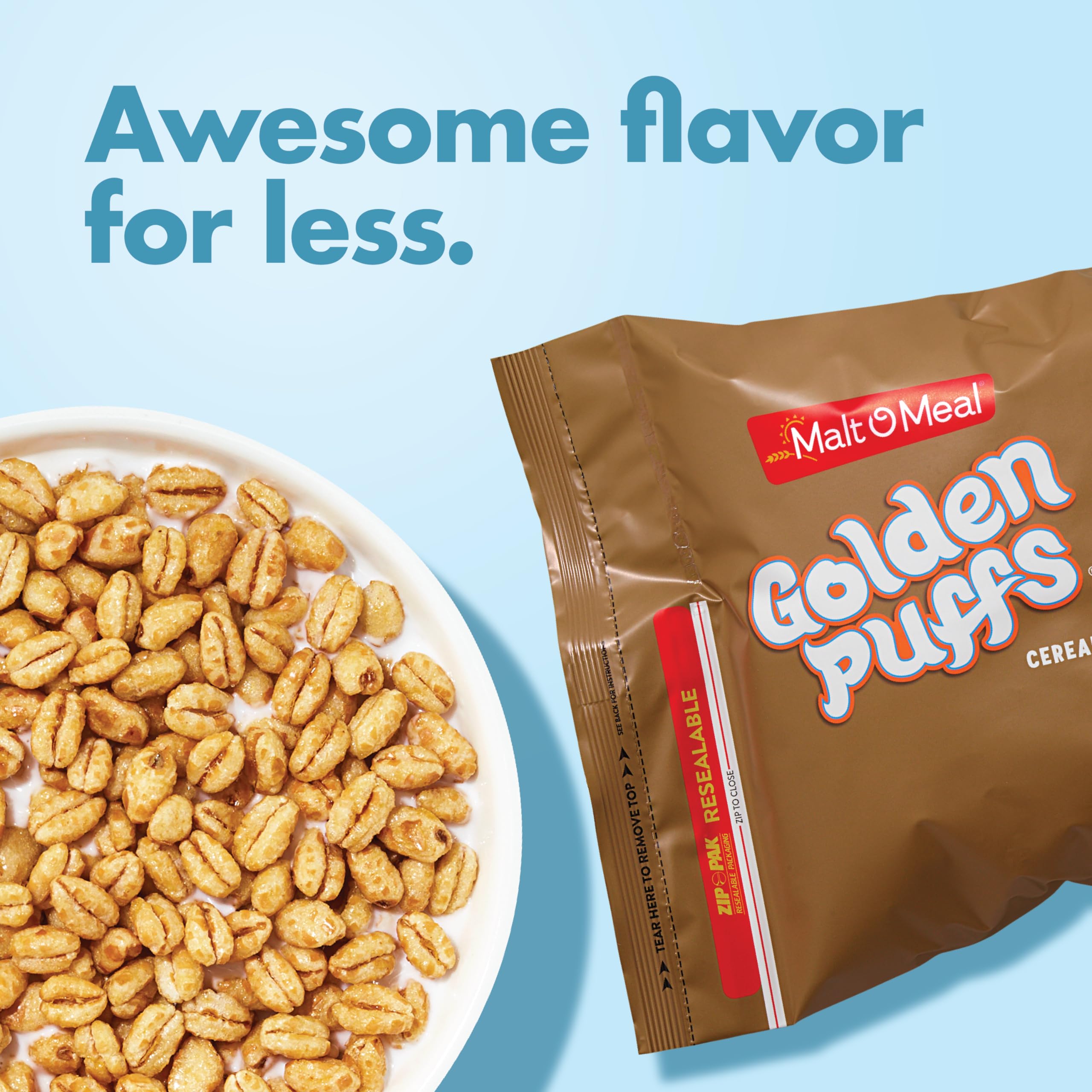Milk in a bowl with Malt-O-Meal Golden Puffs ready to enjoy