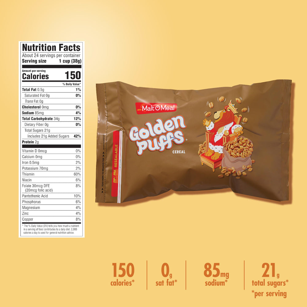 Resealable Malt-O-Meal Golden Puffs bag keeps freshness at home