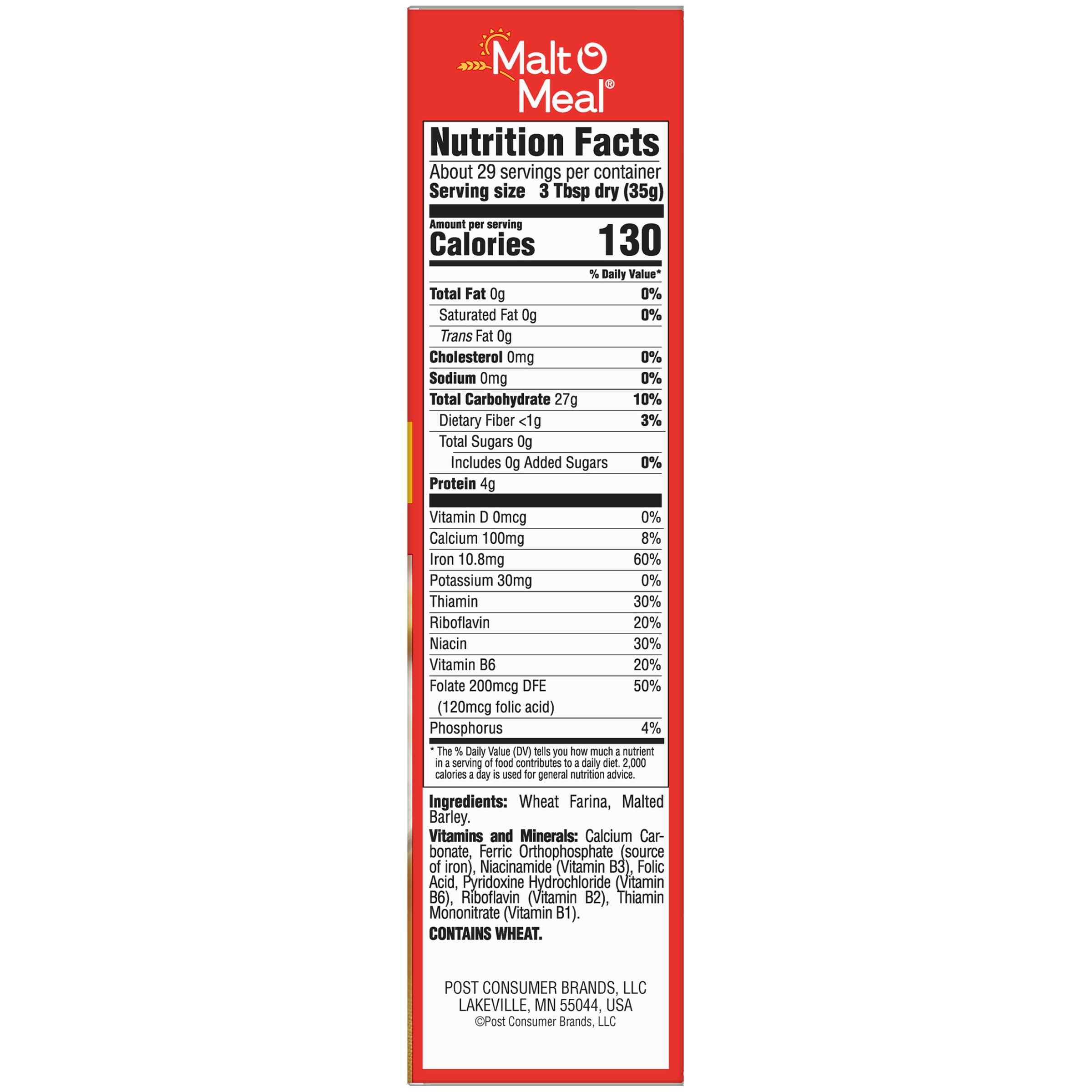 Malt-O-Meal Hot Wheat Cereal nutrition label highlights iron and folate benefits.