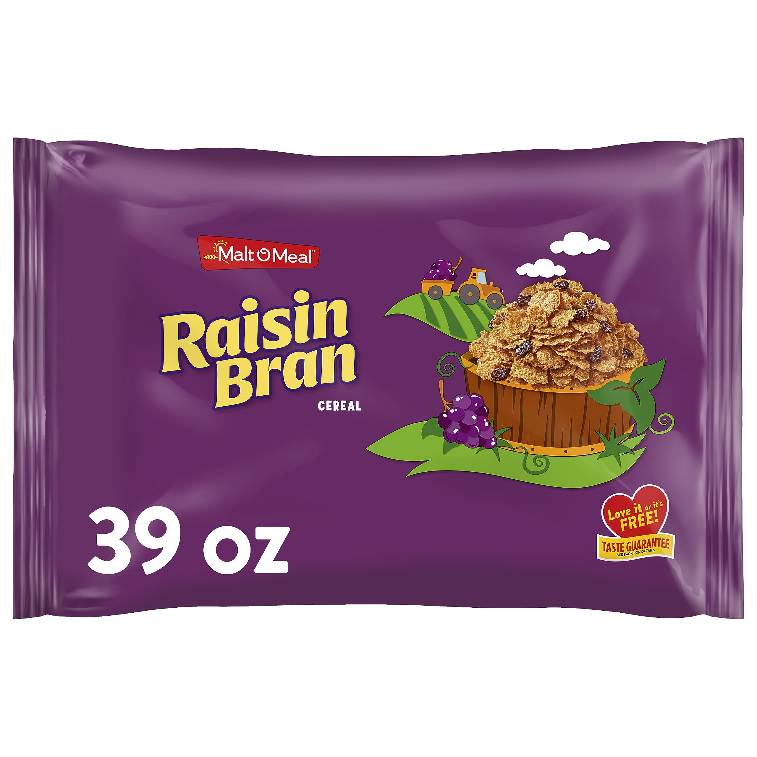 Malt-O-Meal Raisin Bran cereal 39 oz bag front view for family breakfasts.