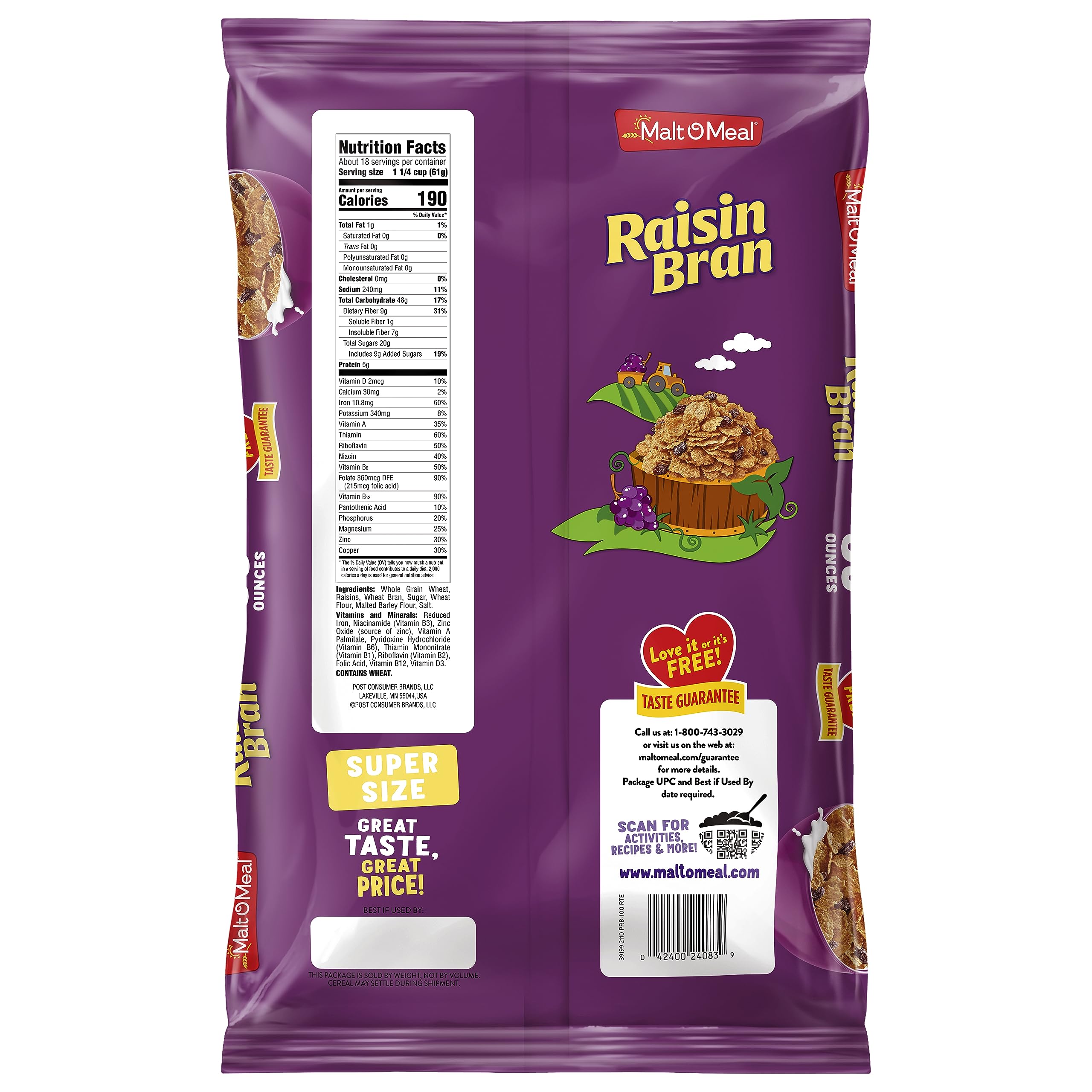Malt-O-Meal Raisin Bran cereal whole grain flakes visual highlight.