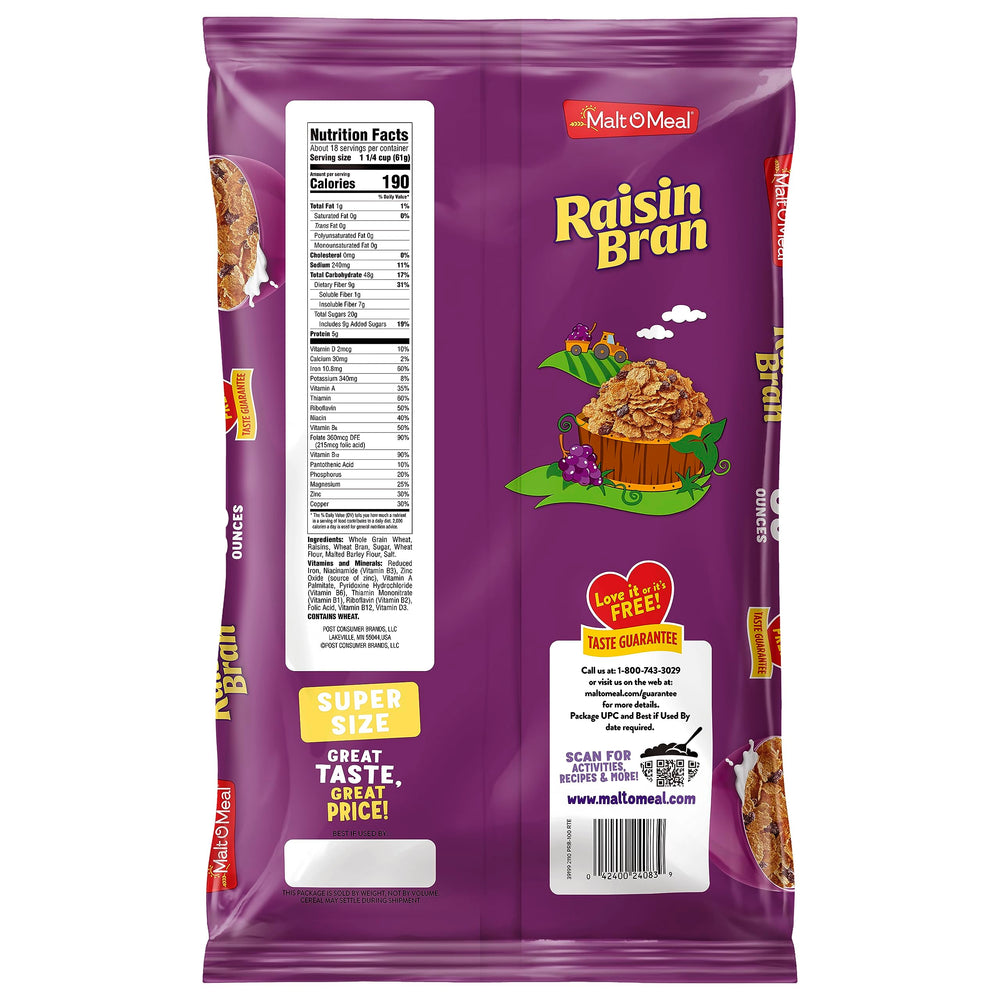 Malt-O-Meal Raisin Bran cereal whole grain flakes visual highlight.