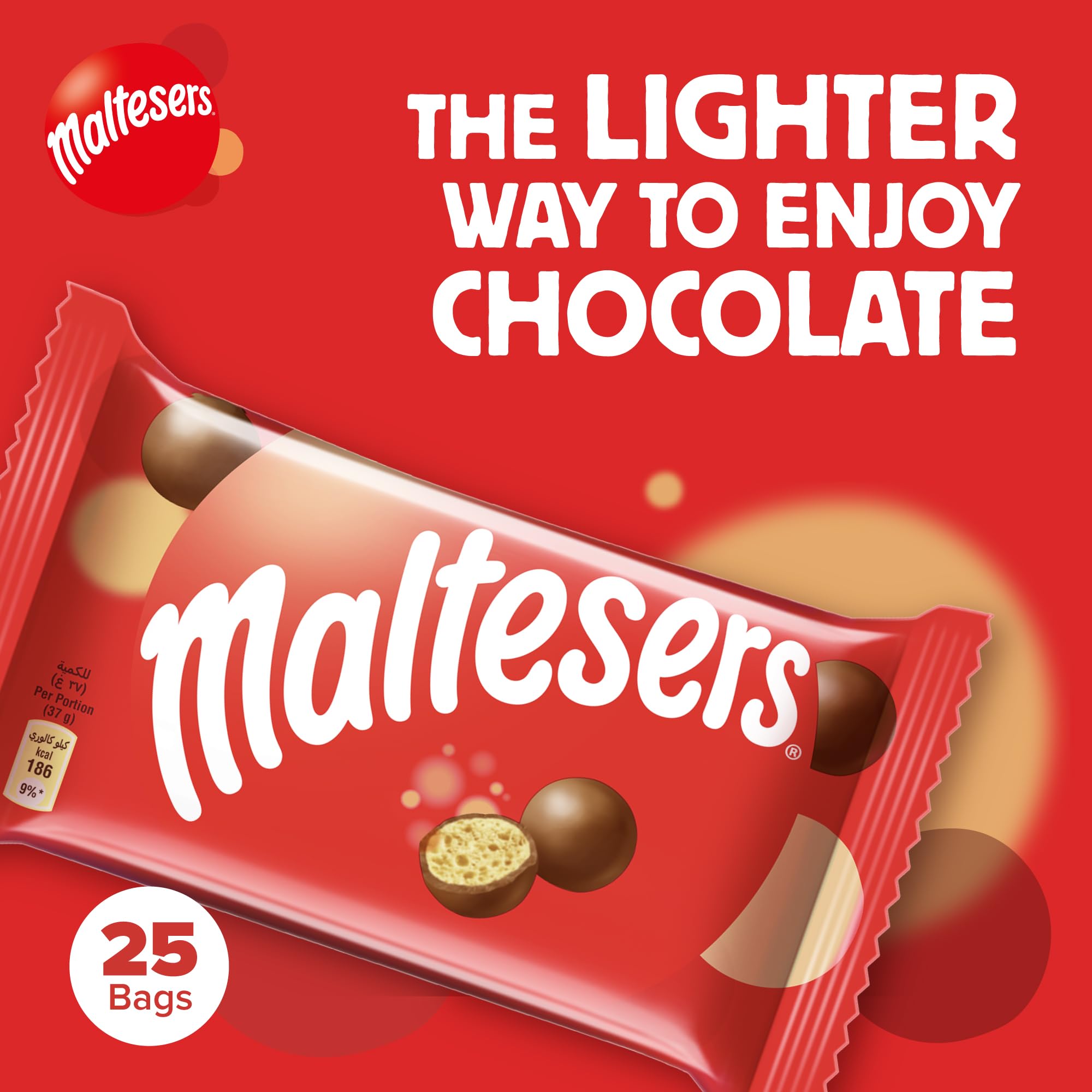 Maltesers milk chocolate coating surrounds an airy, crisp center.