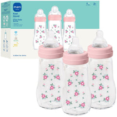 MAM 9oz premium glass bottle front view showing easy feeding transitions