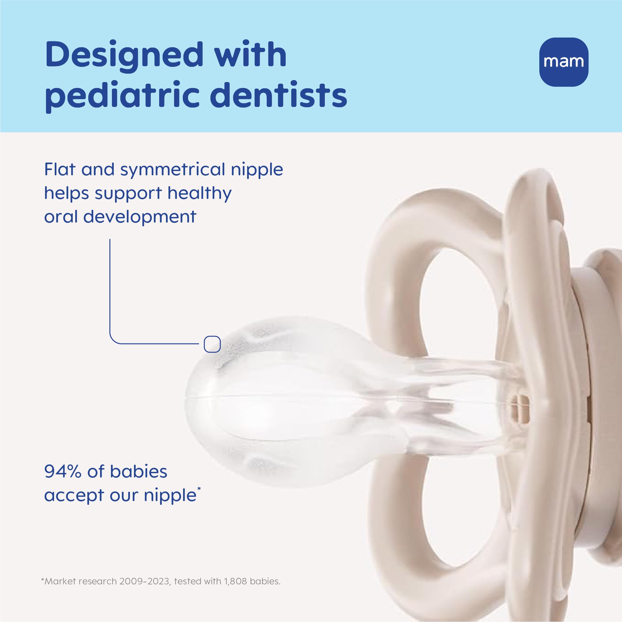 MAM Air Pacifier manufactured in Europe with medical-grade silicone safety.