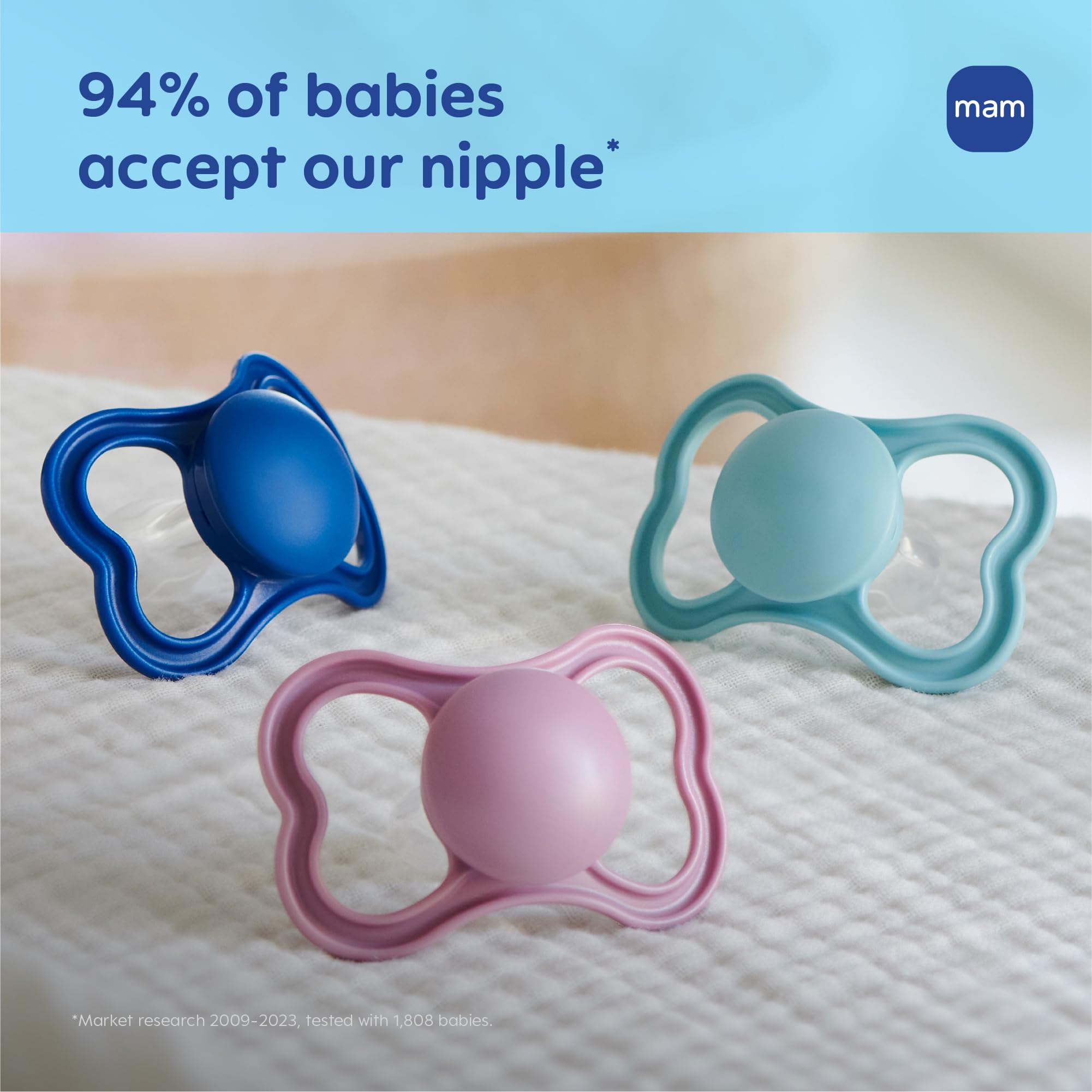 MAM Air symmetrical nipple acceptance emphasizes natural latch and comfort