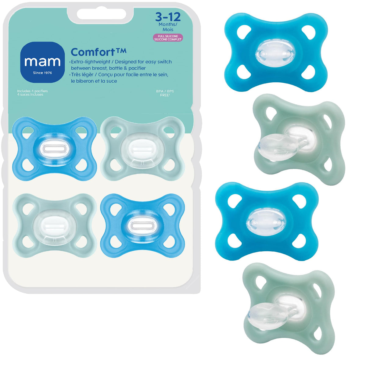 MAM Comfort pacifier for 3-12 months showing ultra-light silicone for easy handling