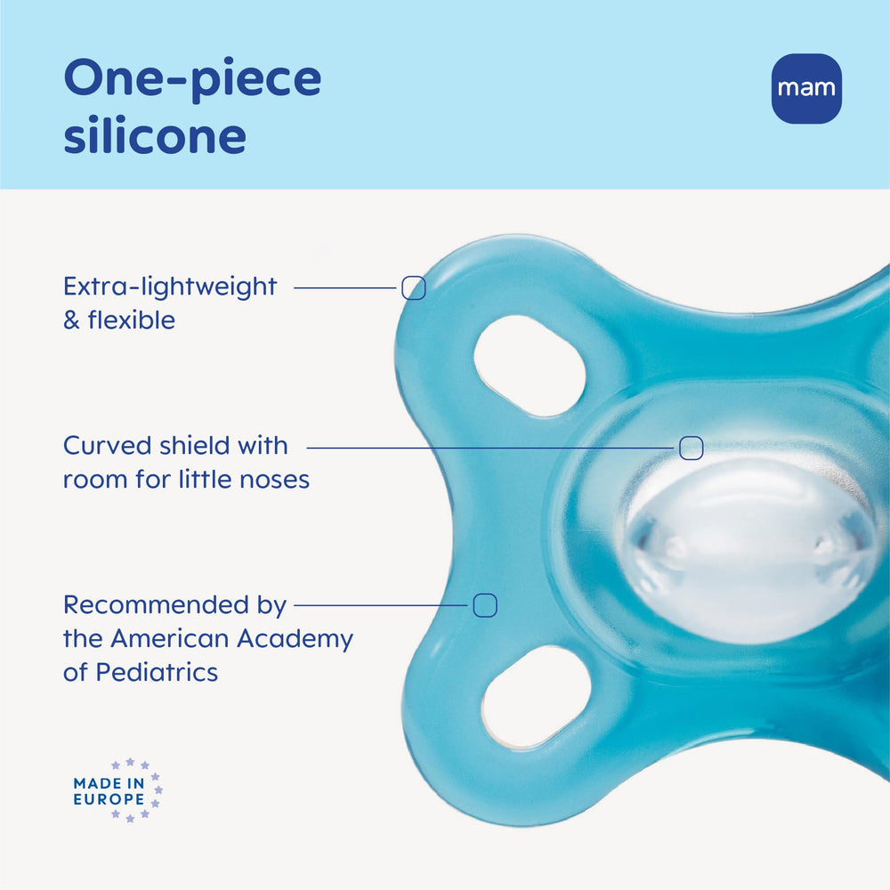 MAM Comfort breathable curved shield enables airflow and reduces moisture for delicate skin.